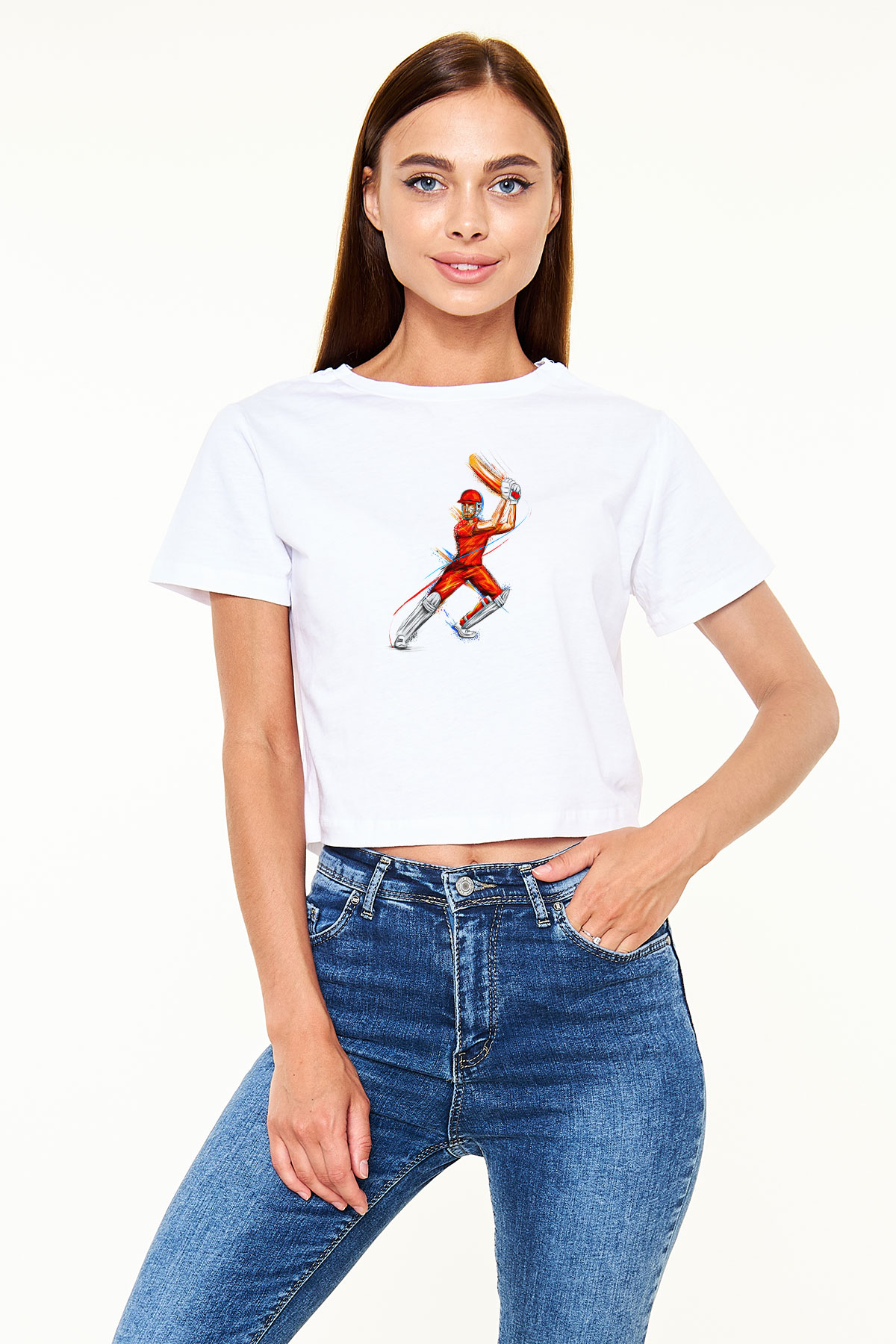 Kriket Baskılı Crop Top Beyaz Tişört - T-shirt