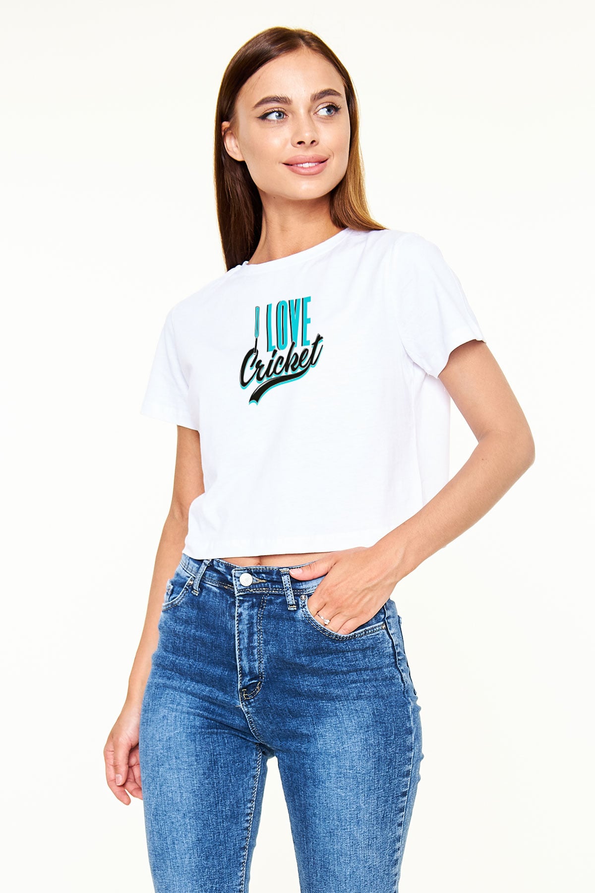 Kriket Baskılı Crop Top Beyaz Tişört - T-shirt