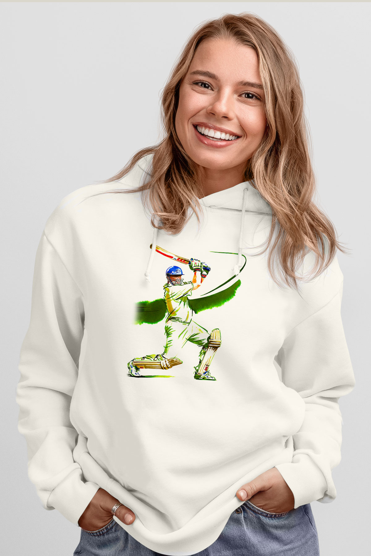 Kriket Baskılı Unisex Ekru Hoodie