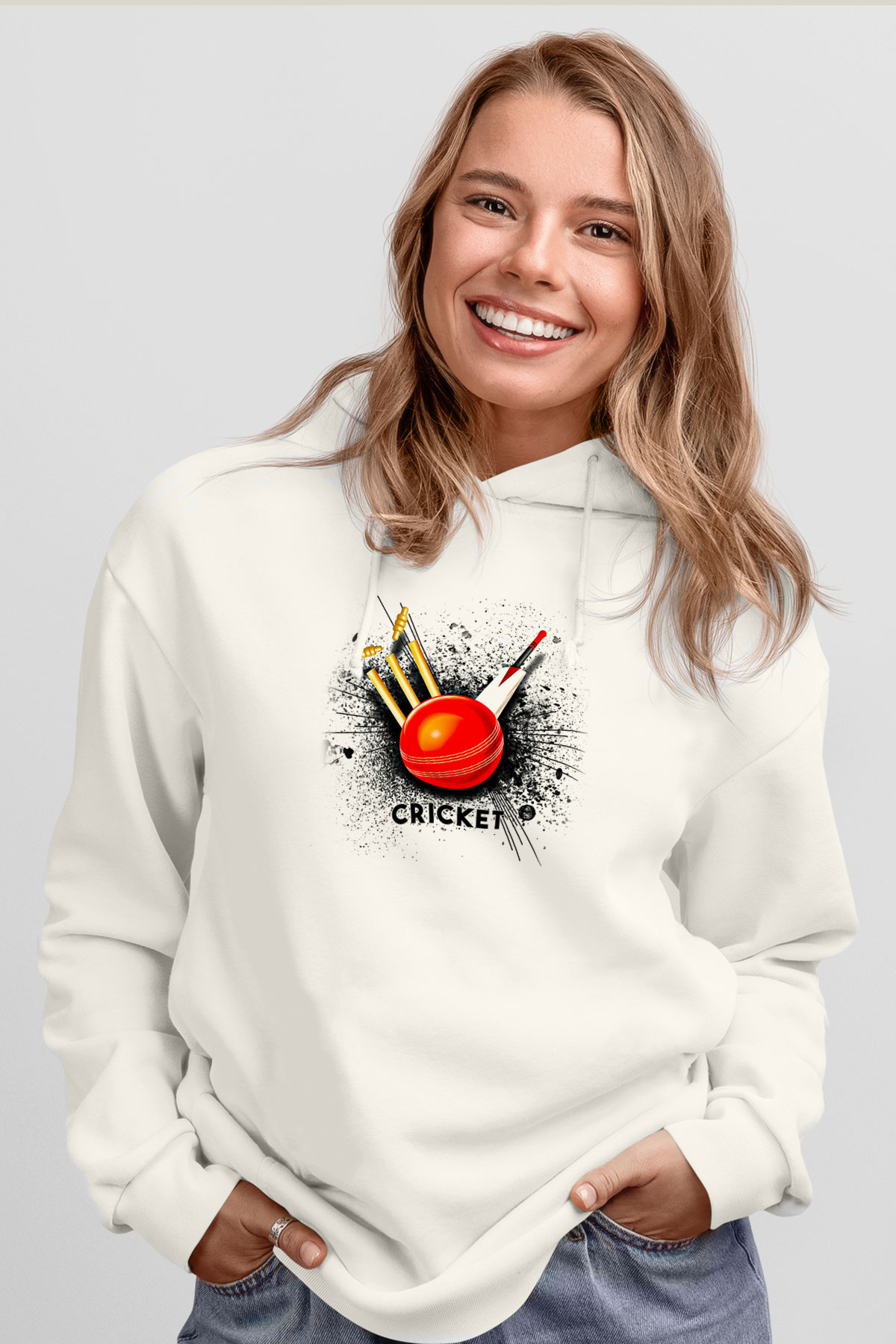 Kriket Baskılı Unisex Ekru Hoodie
