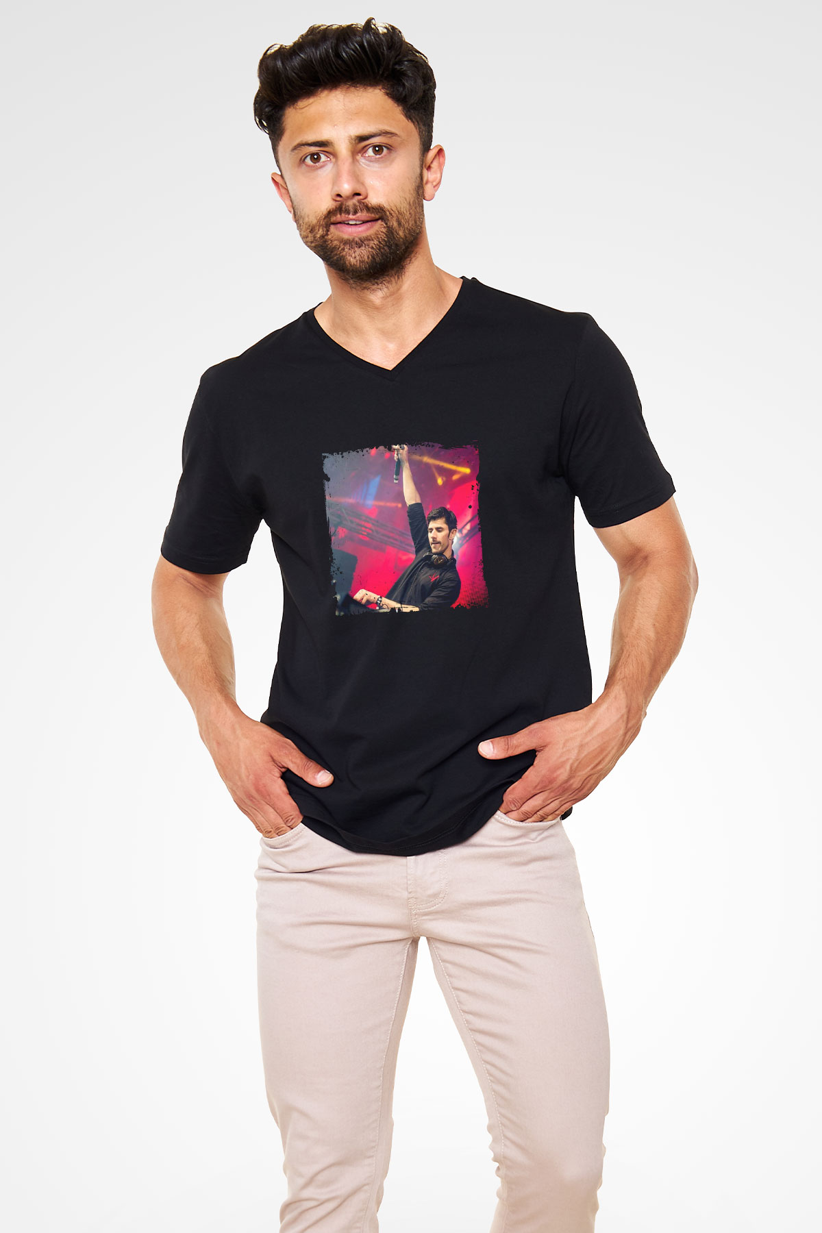 KSHMR Baskılı Unisex Siyah V Yaka Tişört