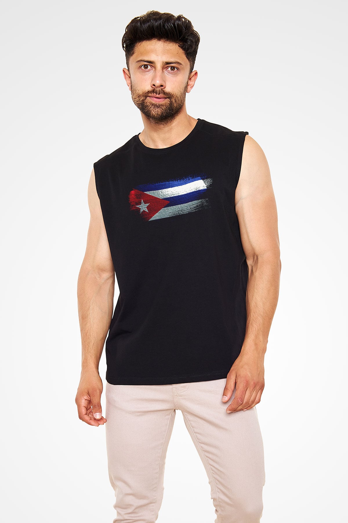 Küba - Cuba Bayrağı Baskılı Unisex Siyah Kolsuz Tişört