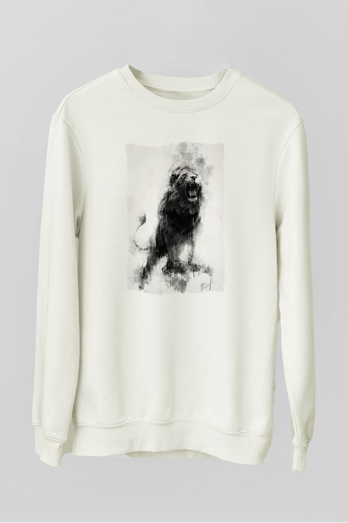 Kükreyen Aslan Baskılı Unisex Beyaz  Sweatshirt