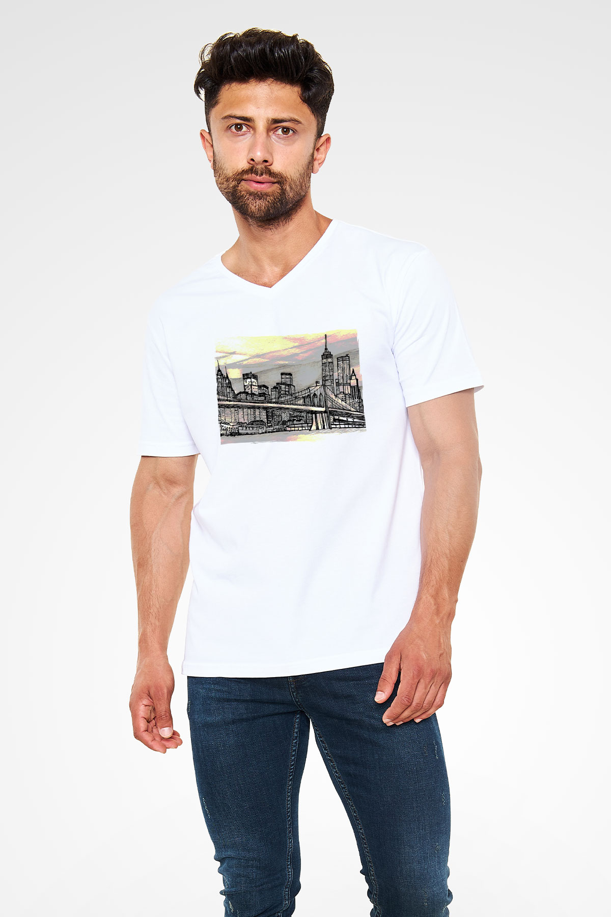 Kule Köprüsü Beyaz Unisex V Yaka Tişört