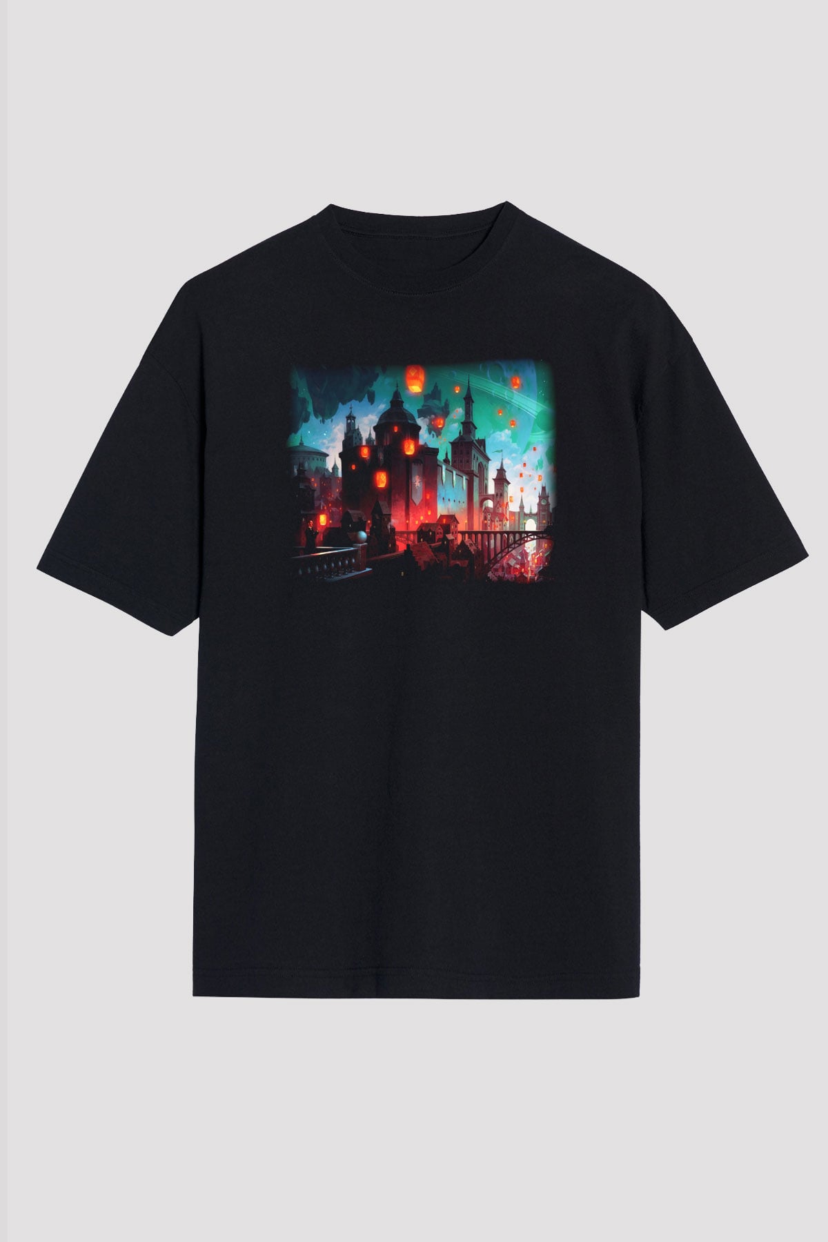 Kule Köprüsü Siyah Unisex Oversize Tişört T-Shirt