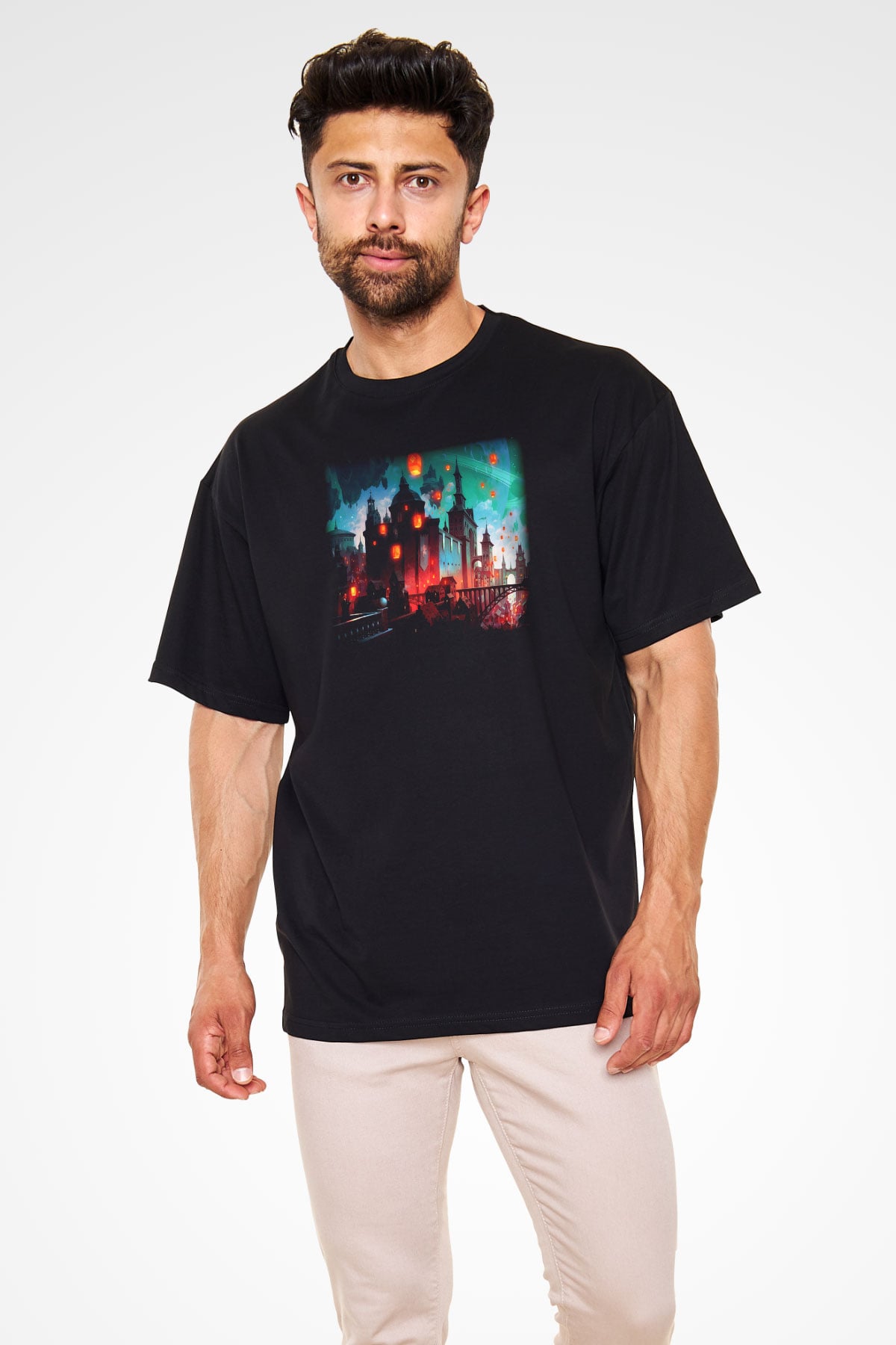 Kule Köprüsü Siyah Unisex Oversize Tişört T-Shirt