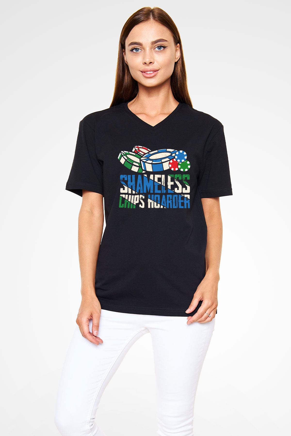 Kumarbaz Siyah Unisex V Yaka Tişört