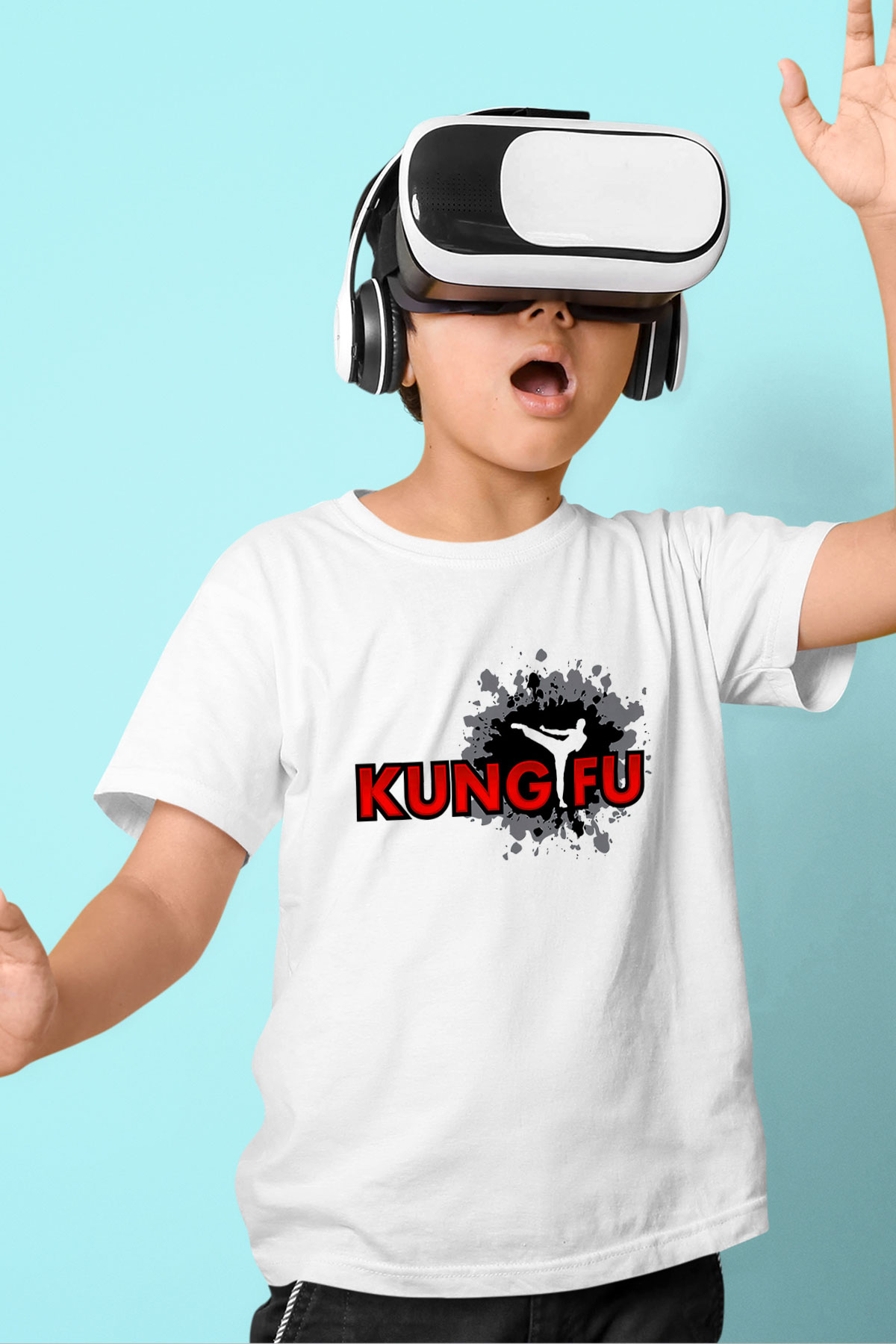 Kung Fu Baskılı Beyaz Unisex Çocuk Tişört