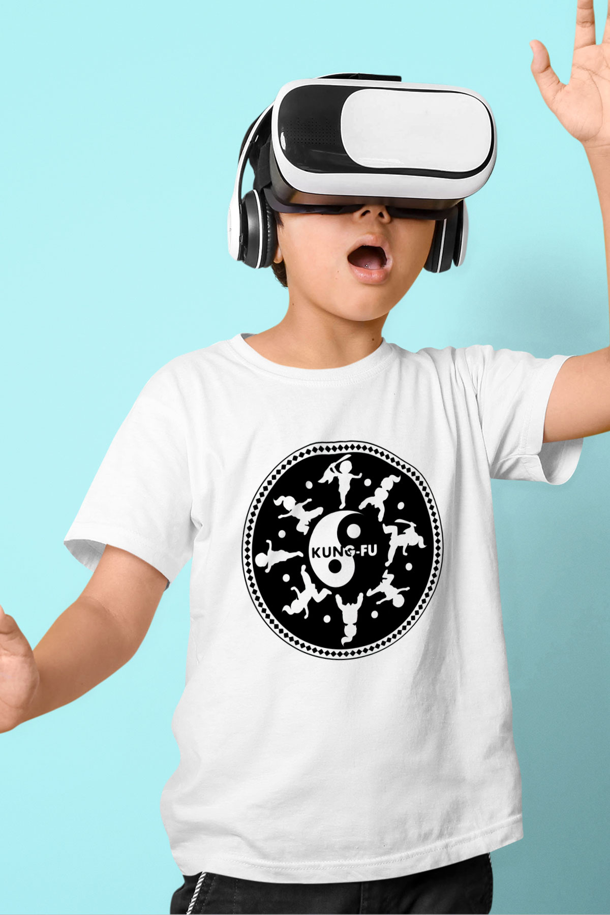 Kung Fu Baskılı Beyaz Unisex Çocuk Tişört