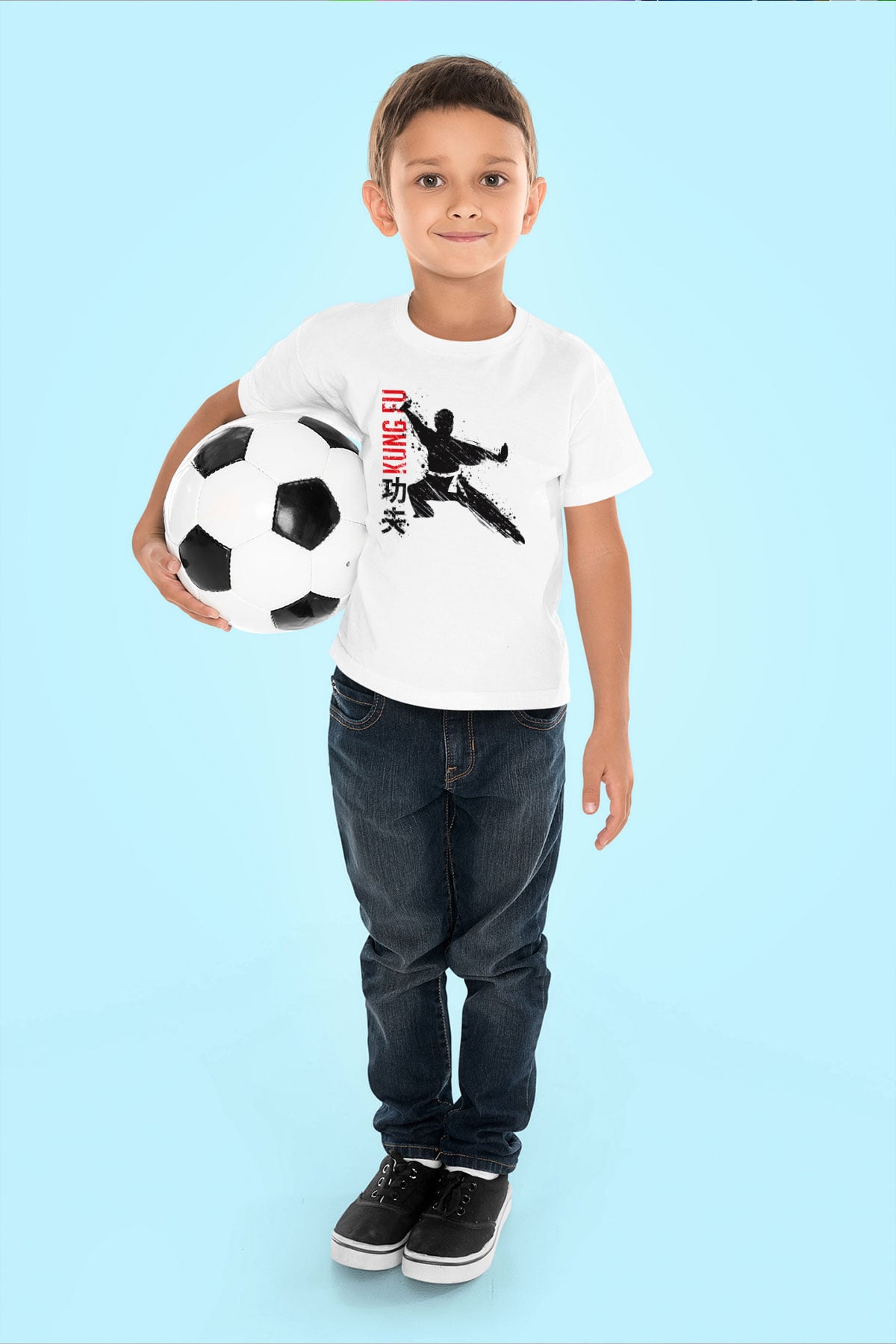 Kung Fu Baskılı Beyaz Unisex Çocuk Tişört