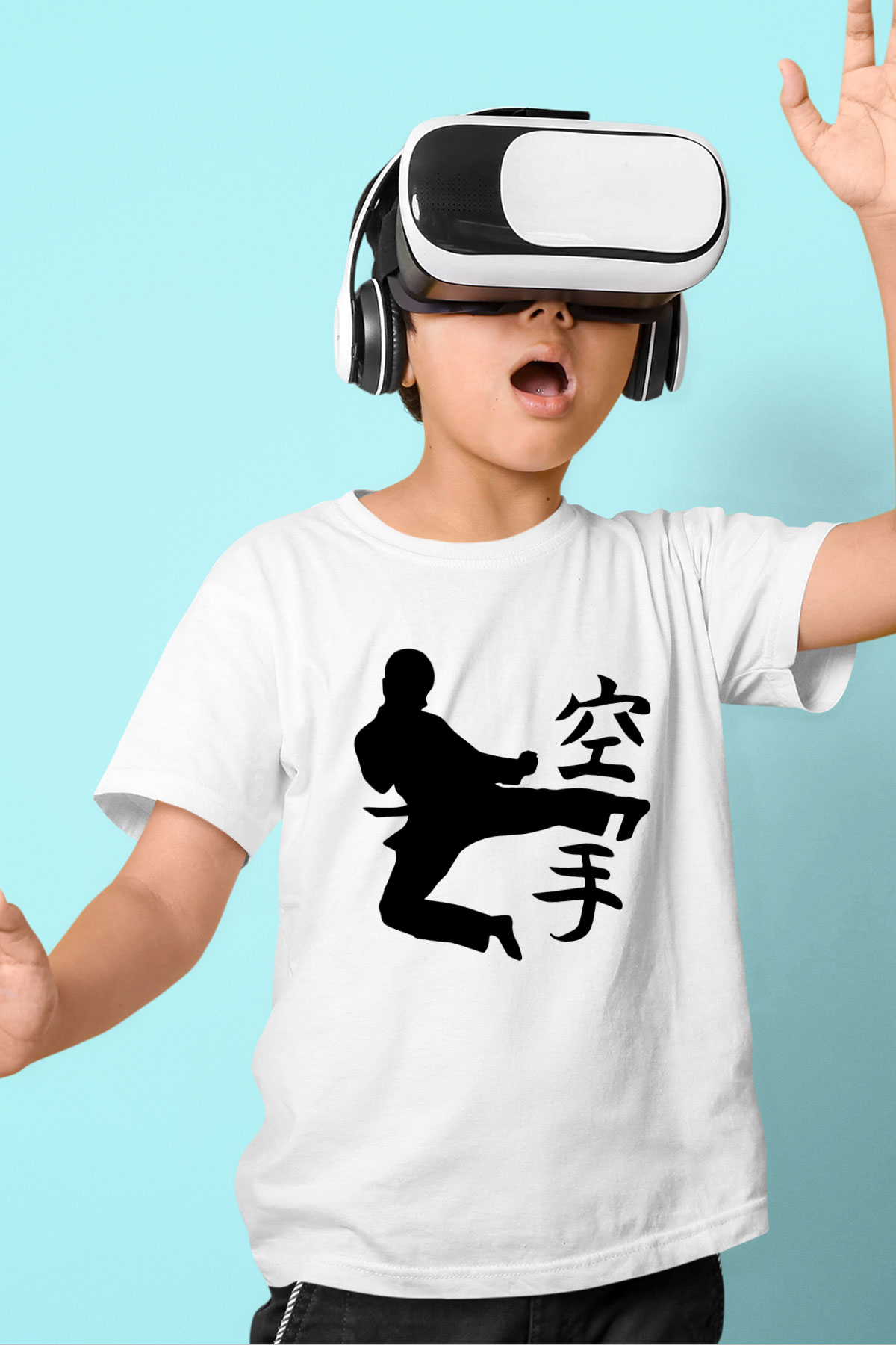 Kung Fu Baskılı Beyaz Unisex Çocuk Tişört