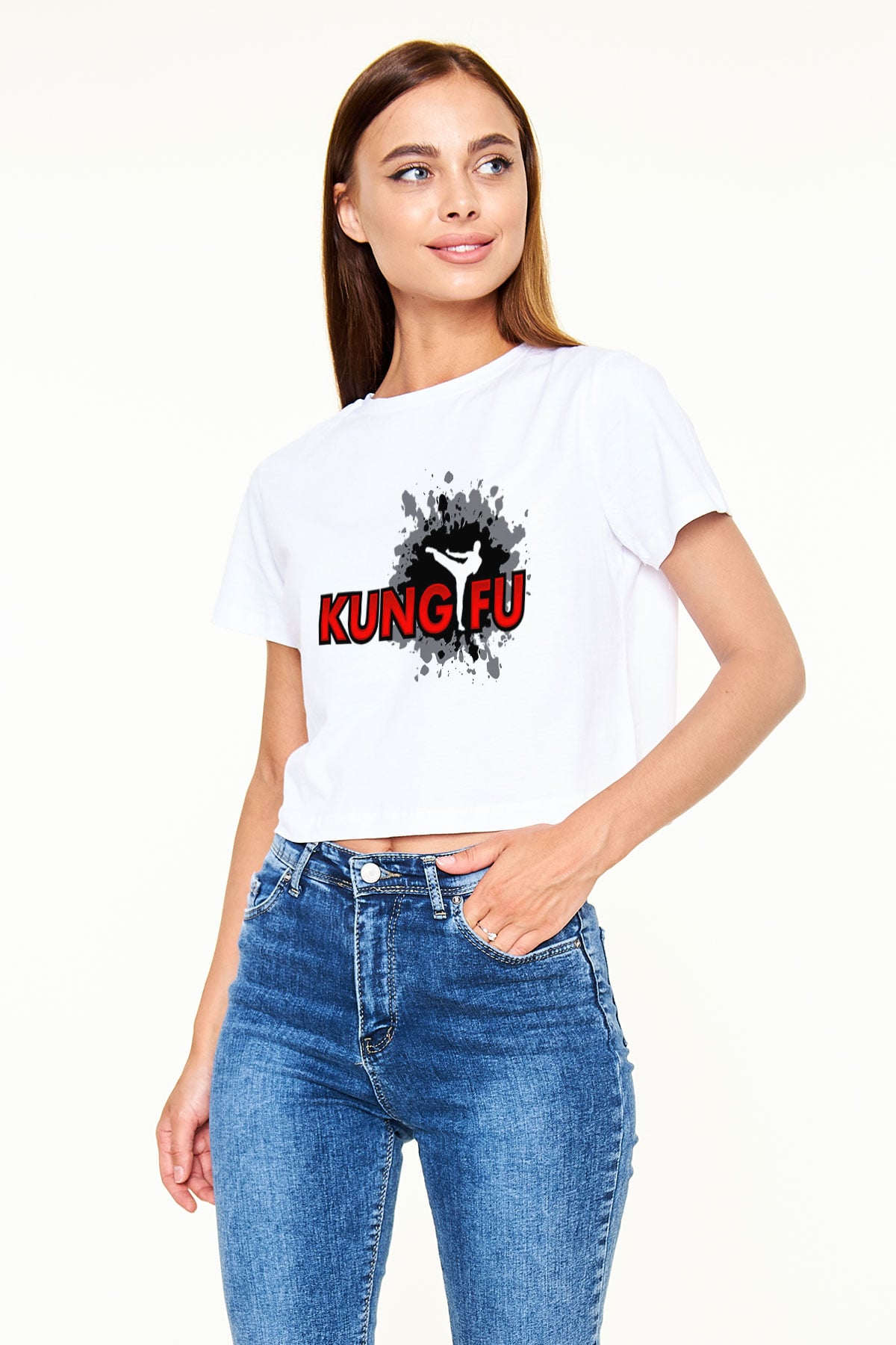 Kung Fu Beyaz Croptop Tişört