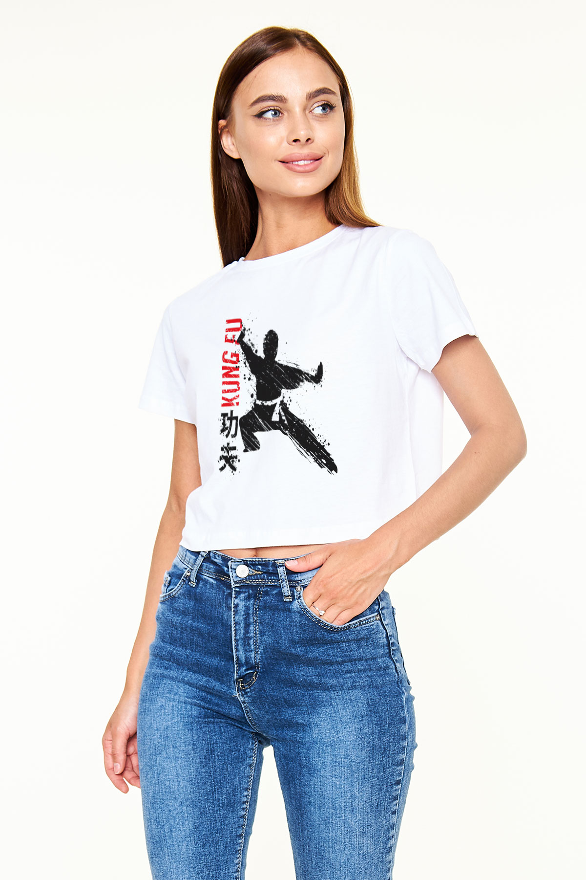 Kung Fu Beyaz Croptop Tişört