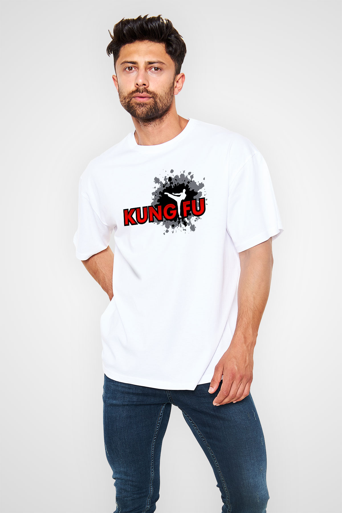 Kung Fu Beyaz Unisex Oversize Tişört T-Shirt