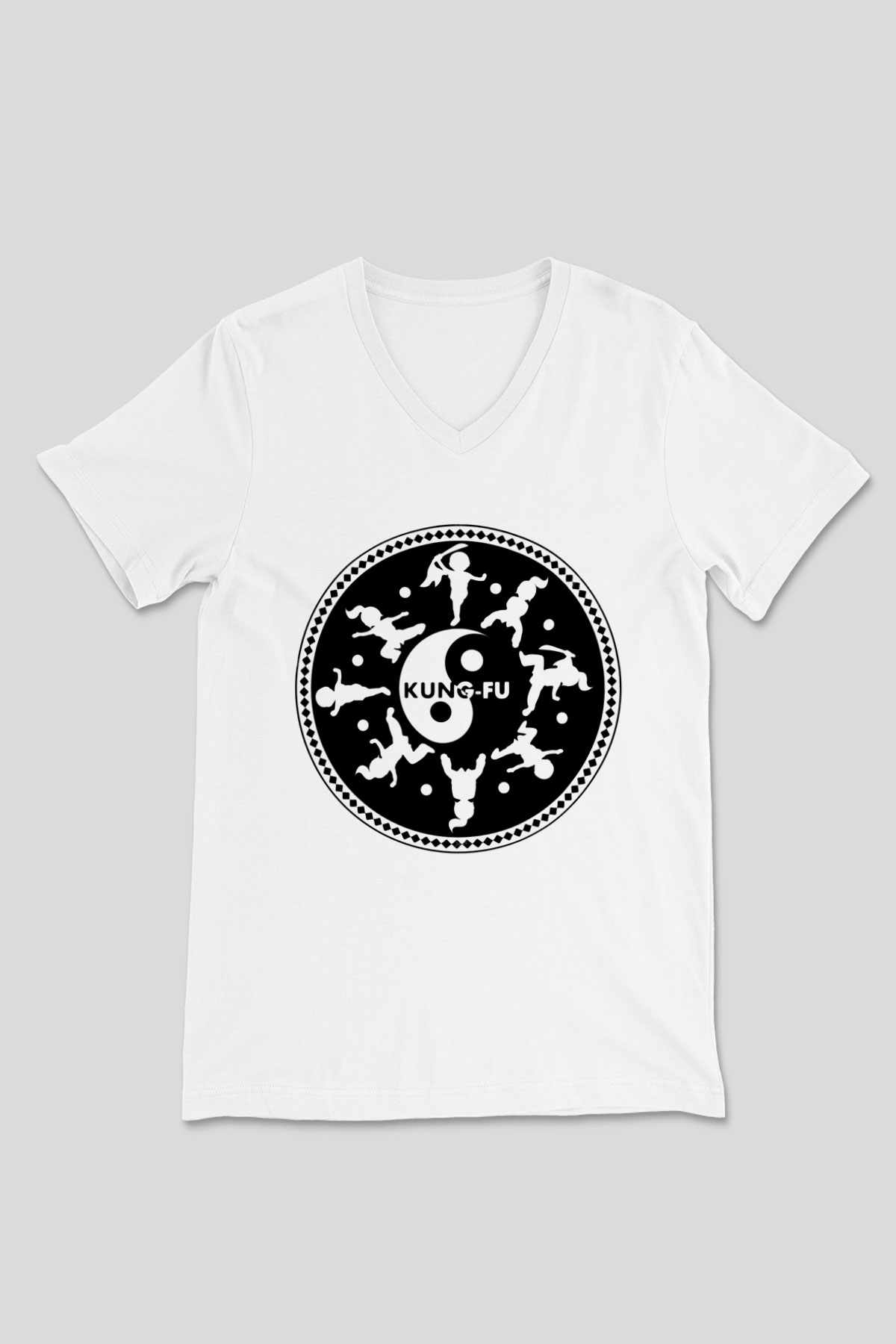 Kung Fu Beyaz Unisex V Yaka Tişört T-Shirt