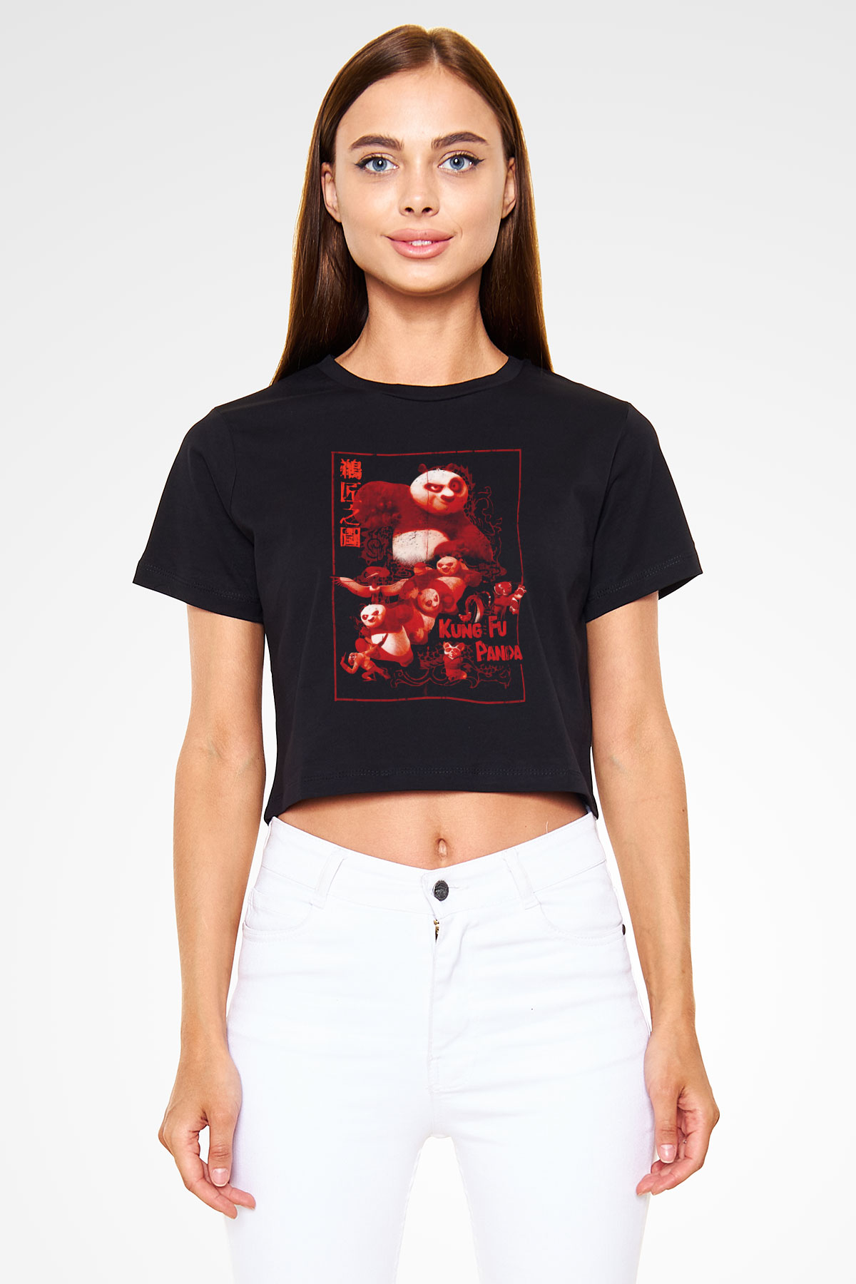Kung Fu Panda Baskılı  Siyah  Crop Top Tişört