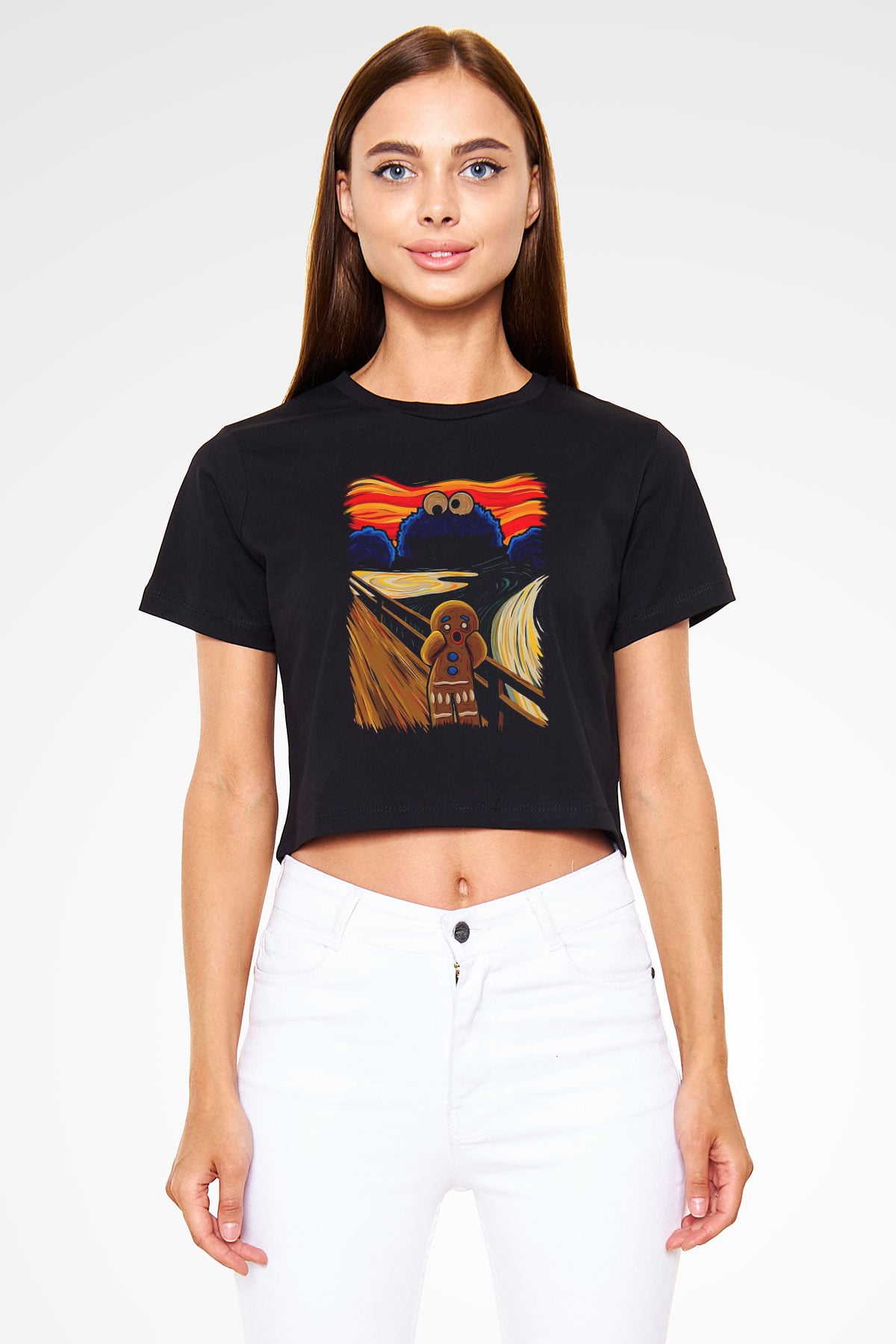 Kurabiye Canavarı Baskılı  Siyah  Crop Top Tişört