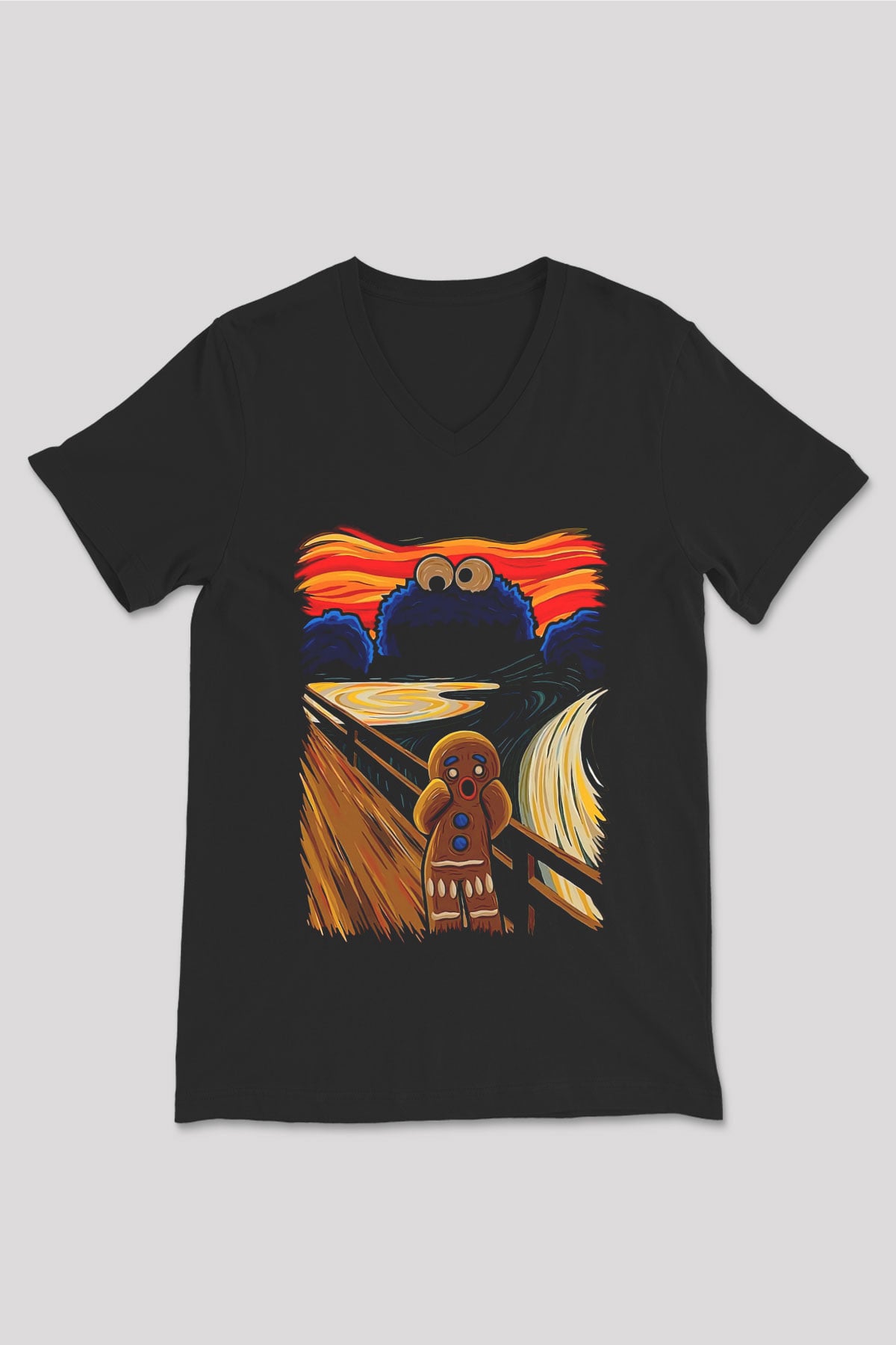 Kurabiye Canavarı Baskılı Unisex Siyah  V Yaka Tişört
