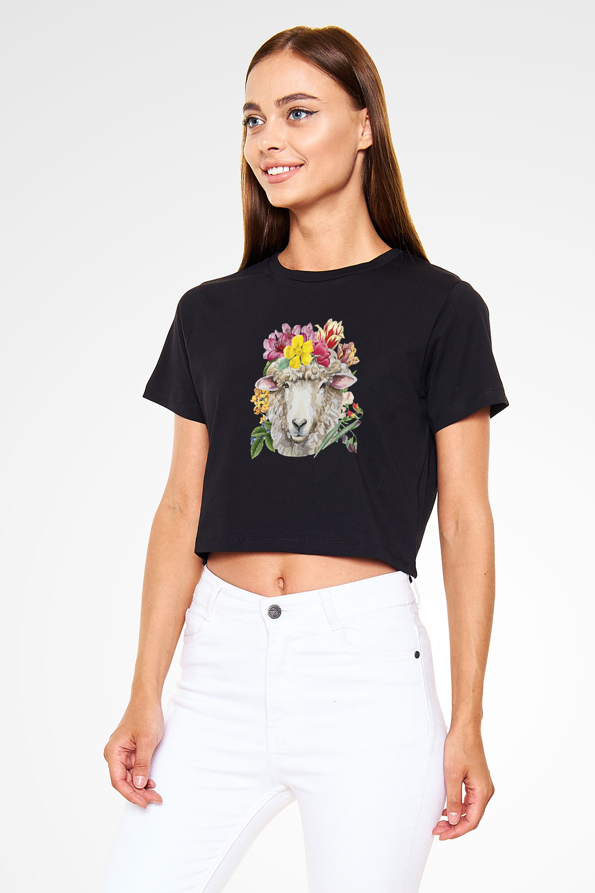 Kurban Bayramı Baskılı Siyah Crop Top Kadın Tişört - Tshirt