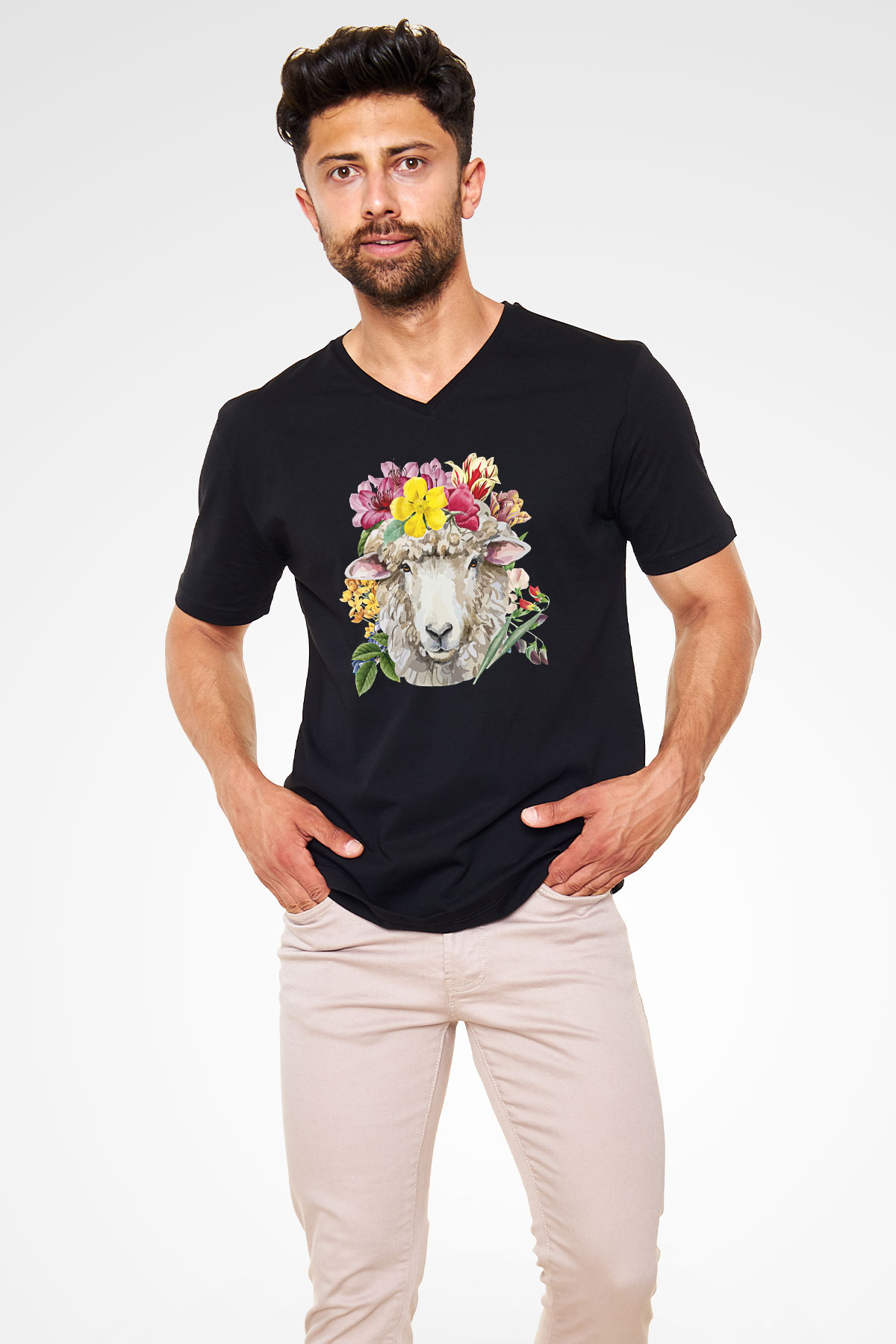Kurban Bayramı Baskılı Unisex Siyah V Yaka Tişört - Tshirt