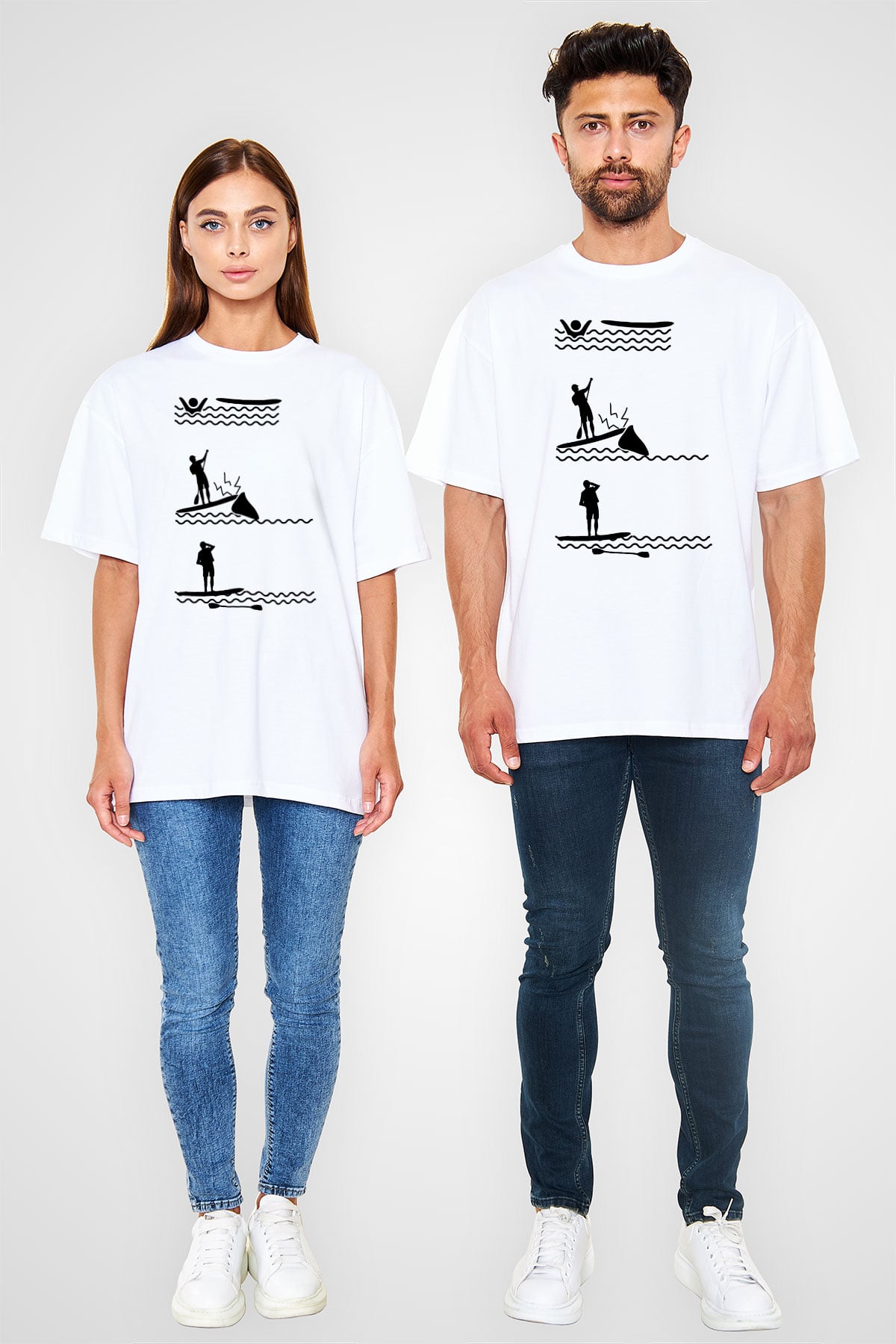 Kürek Baskılı Unisex Beyaz Oversize Tişört - Tshirt