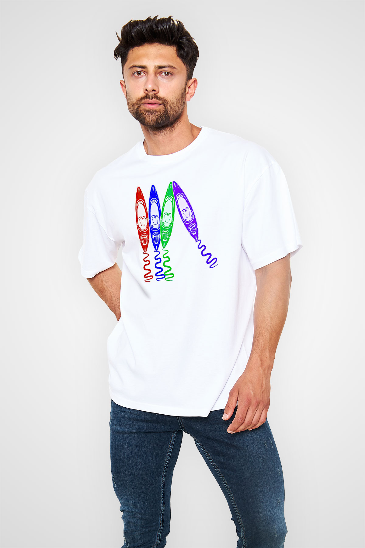 Kürek Baskılı Unisex Beyaz Oversize Tişört - Tshirt