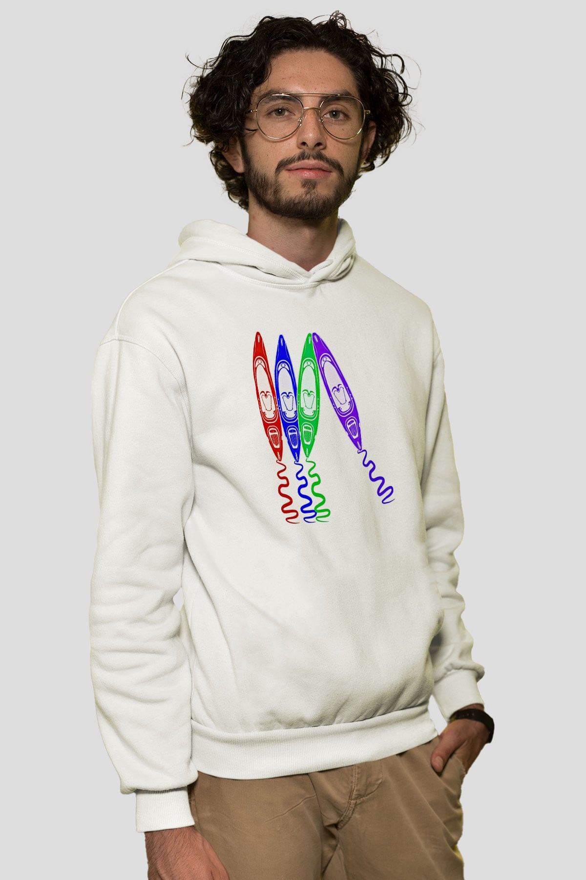 Kürek Baskılı Unisex Ekru Hoodie