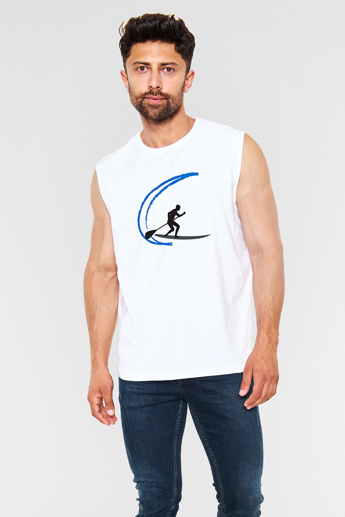 Kürek Baskılı Unisex Kolsuz Beyaz Tişört