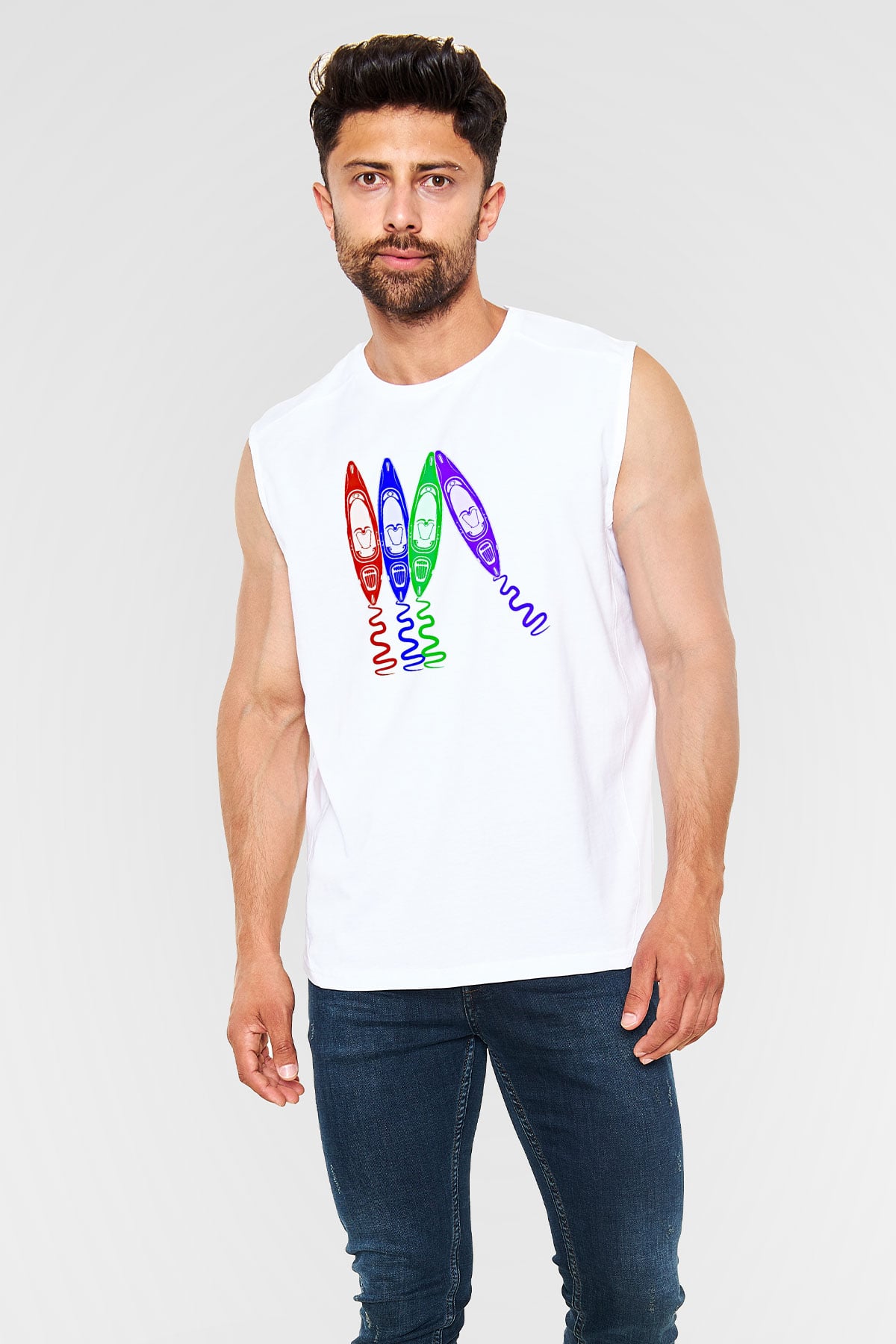 Kürek Baskılı Unisex Kolsuz Beyaz Tişört