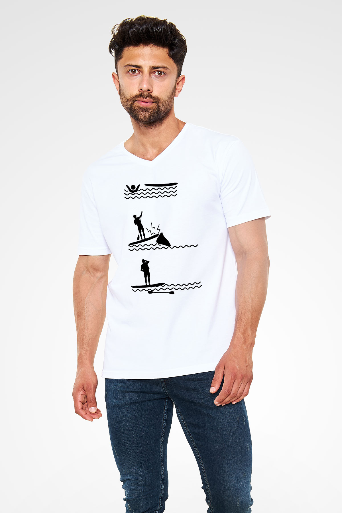 Kürek Baskılı Unisex V Yaka Tişört - Tshirt