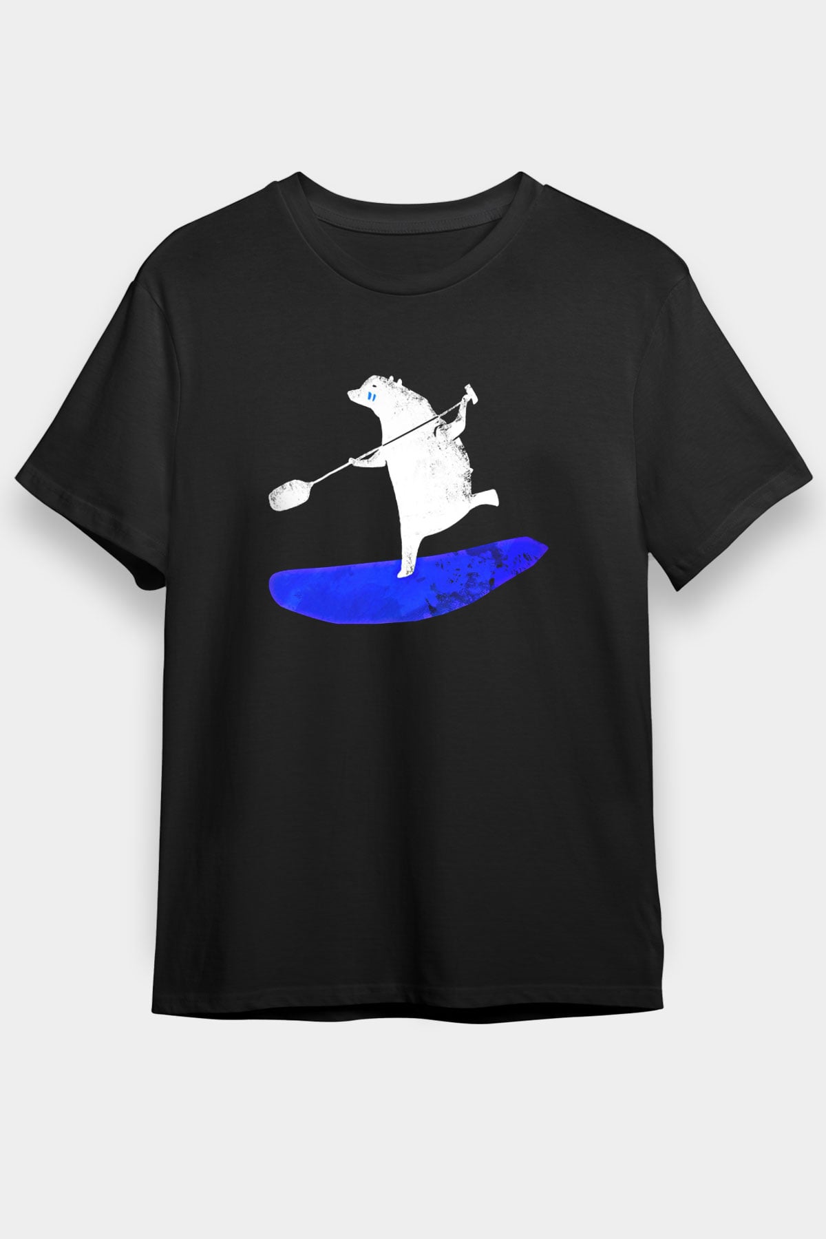 Kürek - Paddle Boarding Baskılı Unisex Siyah Tişört - Tshirt