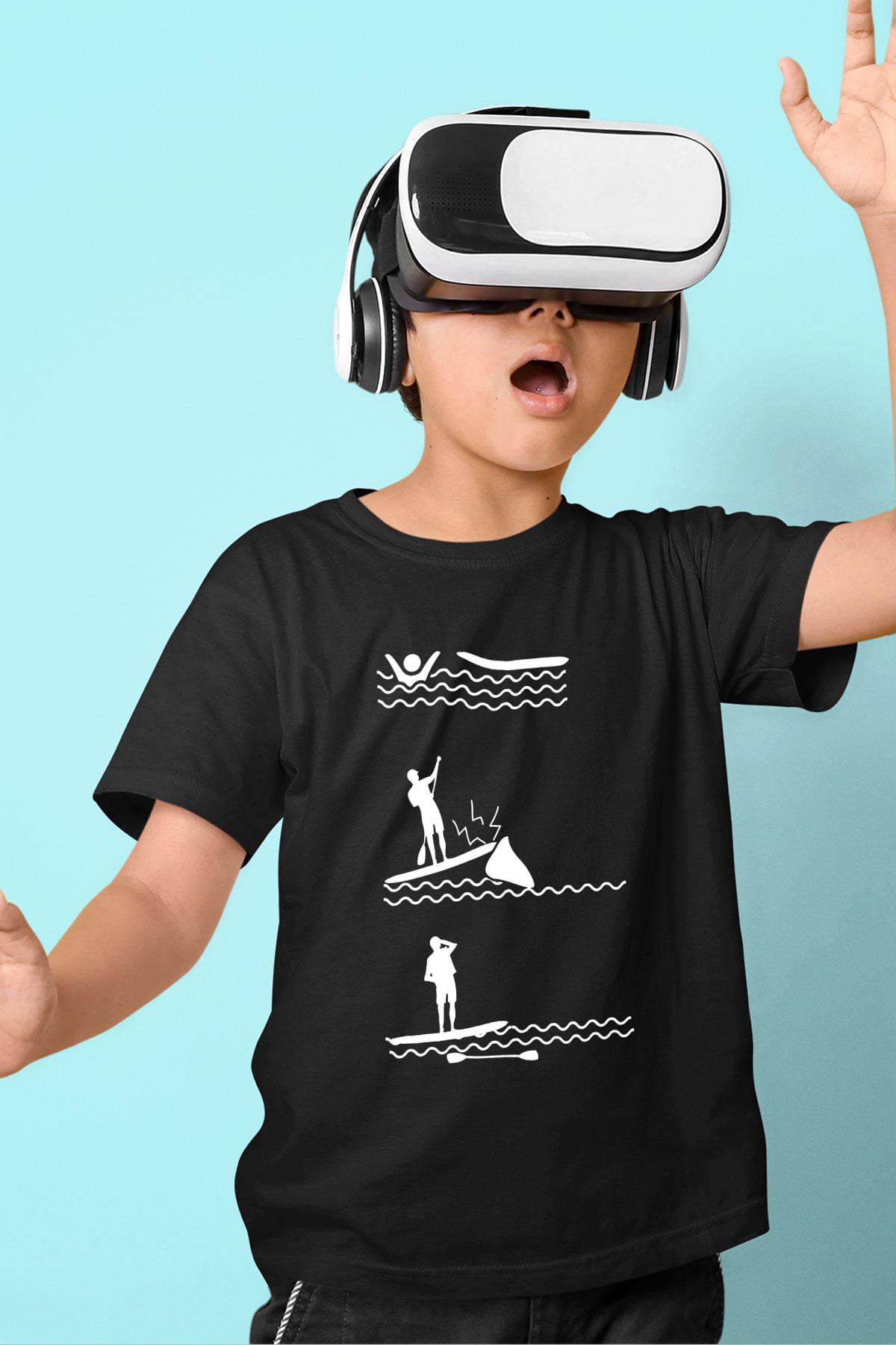 Kürek - Paddle Boarding Baskılı Unisex Siyah Çocuk Tİşörtü - Tshirt