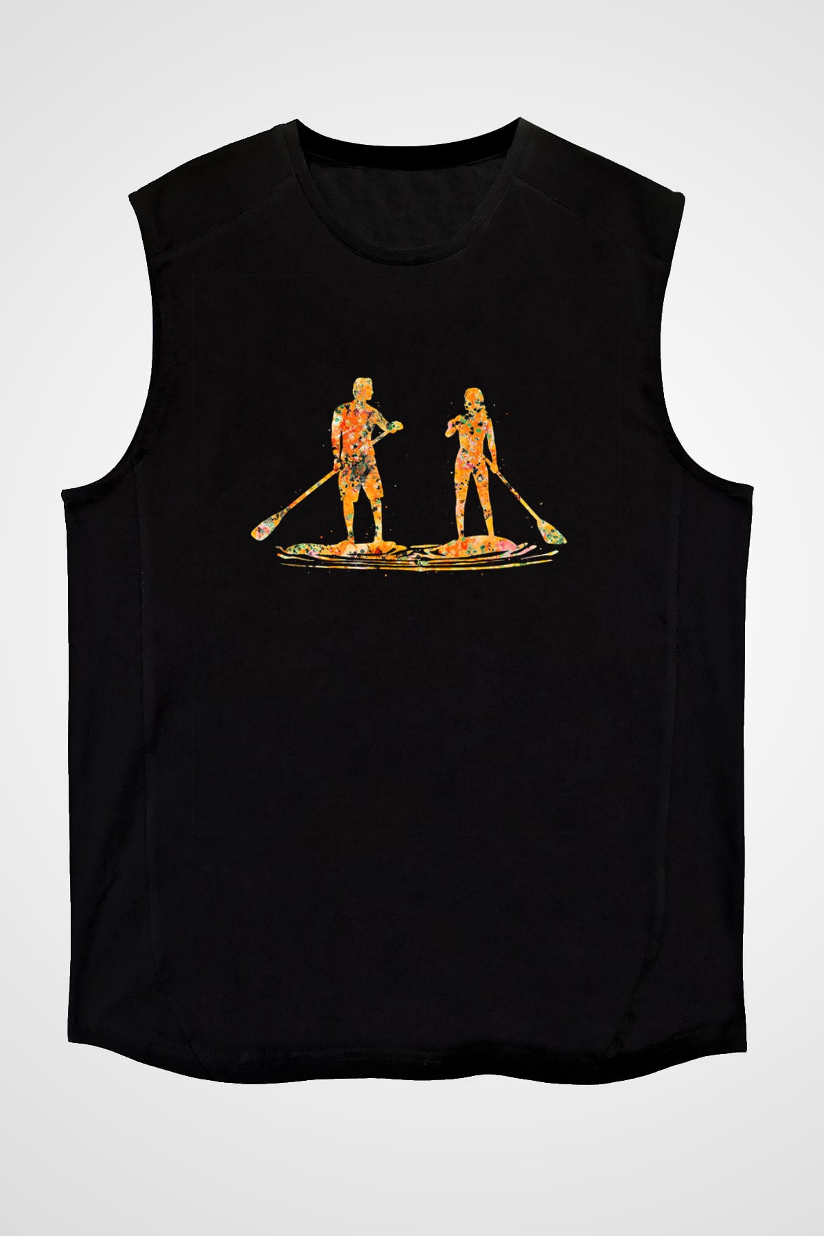 Kürek - Paddle Boarding Baskılı Unisex Siyah Kolsuz Tişört