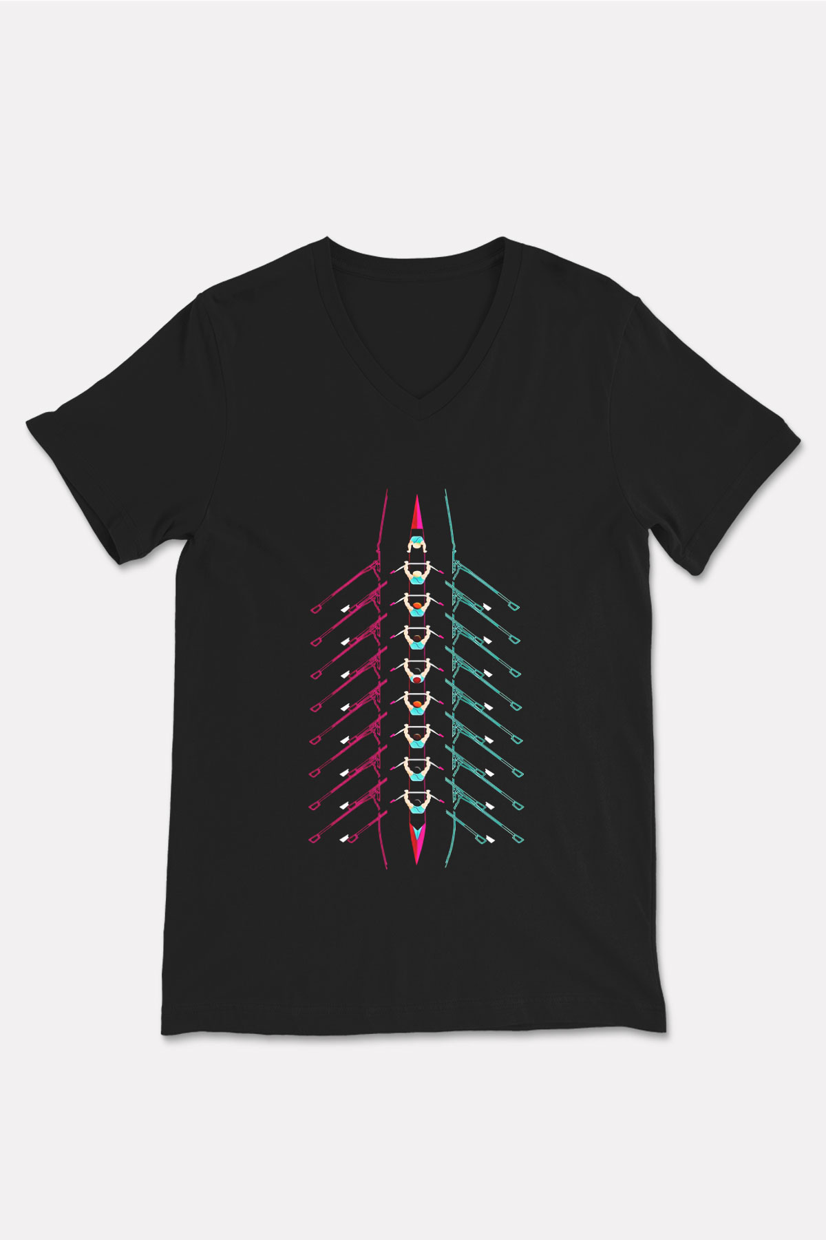Kürek - Rowing Sport Baskılı Unisex Siyah V Yaka Tişört