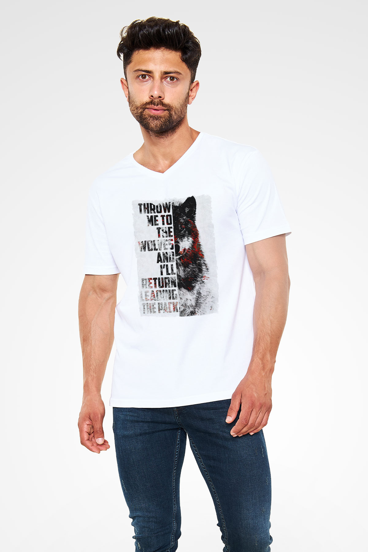 Kurt Baskılı Unisex Beyaz  V Yaka Tişört