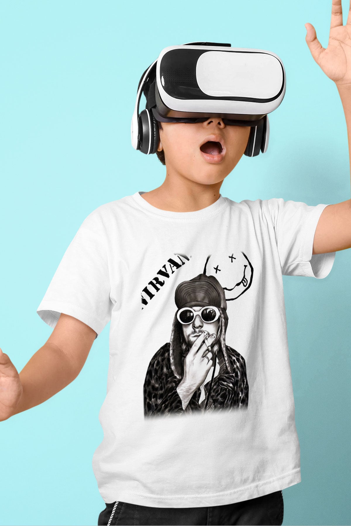 Kurt Cobain Baskılı Beyaz Unisex Çocuk Tişört