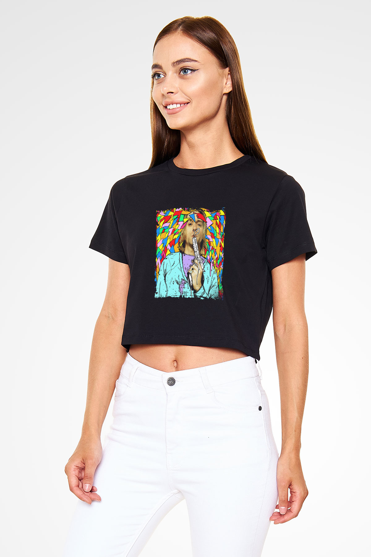 Kurt Cobain Baskılı Siyah Kadın Crop Top Tişört