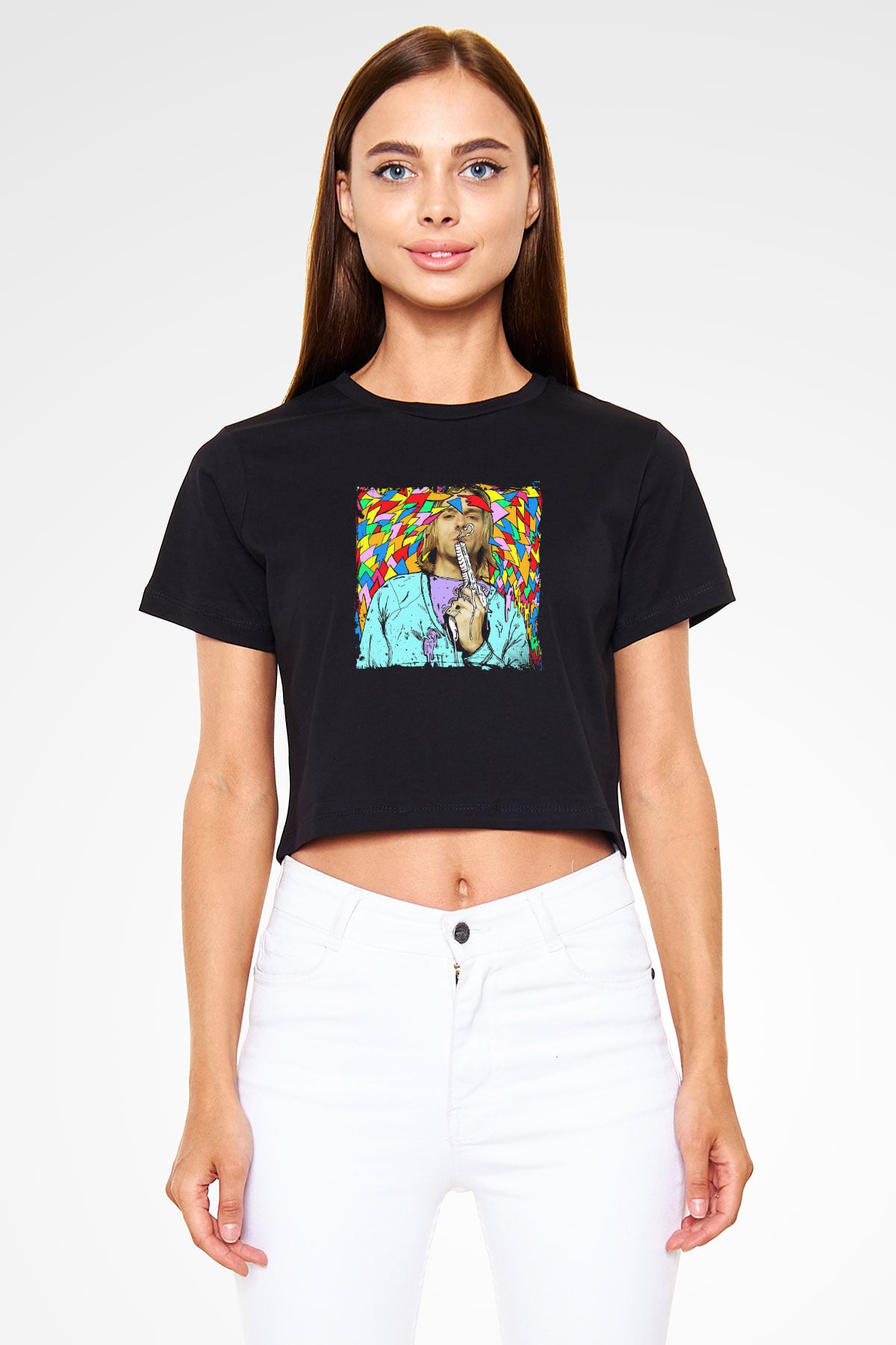 Kurt Cobain Baskılı Siyah Kadın Crop Top Tişört