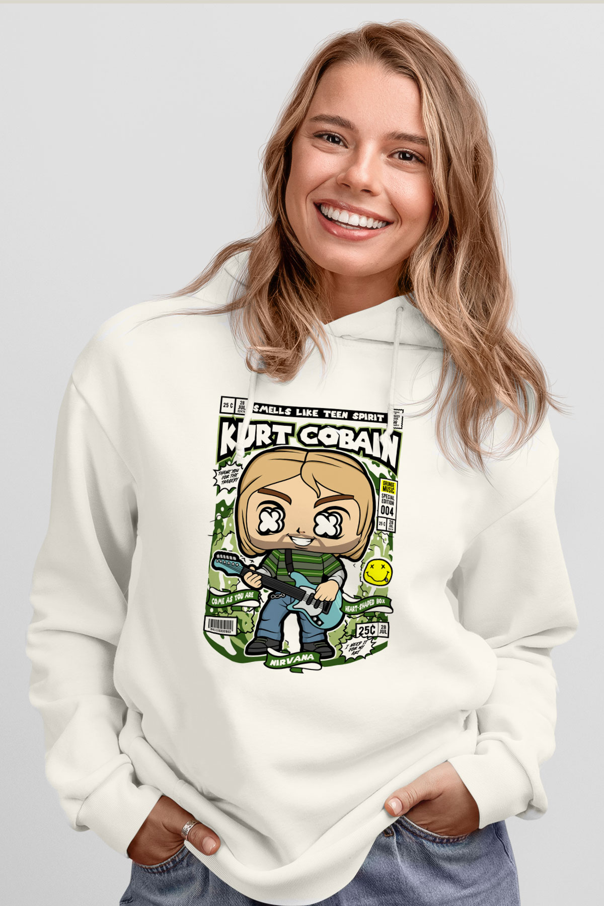 Kurt Cobain Baskılı Unisex Beyaz Hoodie