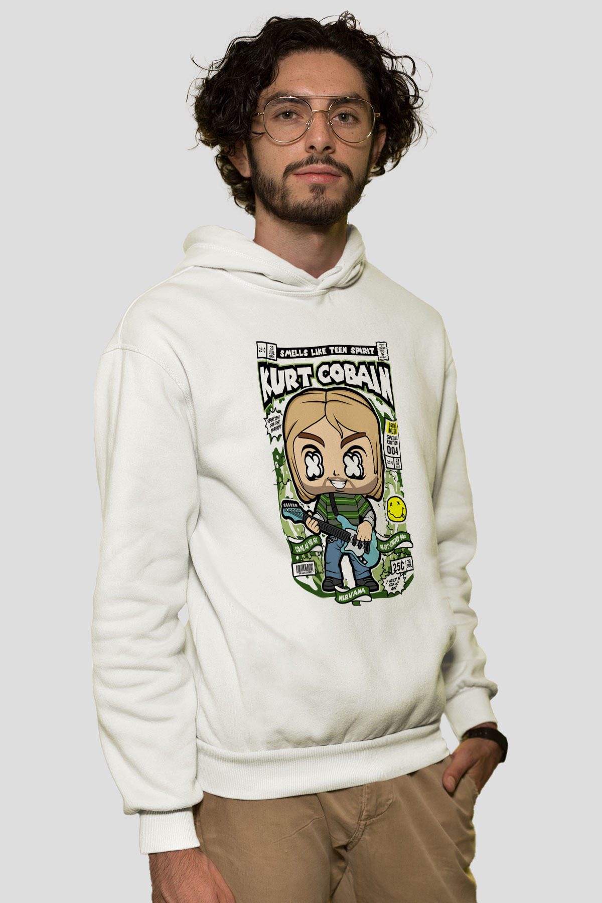 Kurt Cobain Baskılı Unisex Beyaz Hoodie