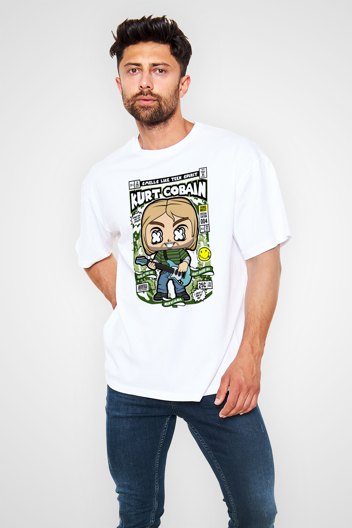 Kurt Cobain Baskılı Unisex Beyaz Oversize Tişört