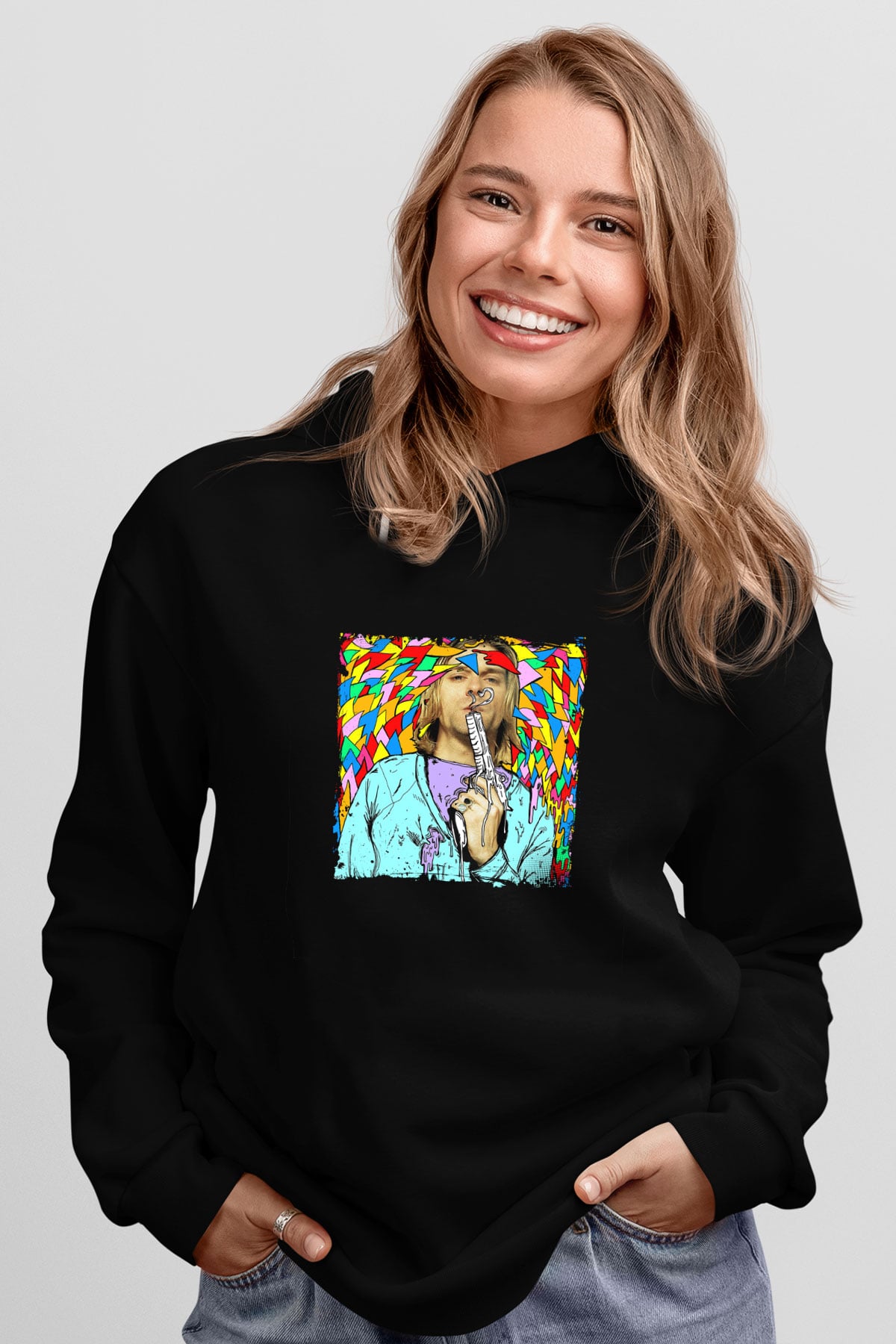 Kurt Cobain Baskılı Unisex Siyah Hoodie