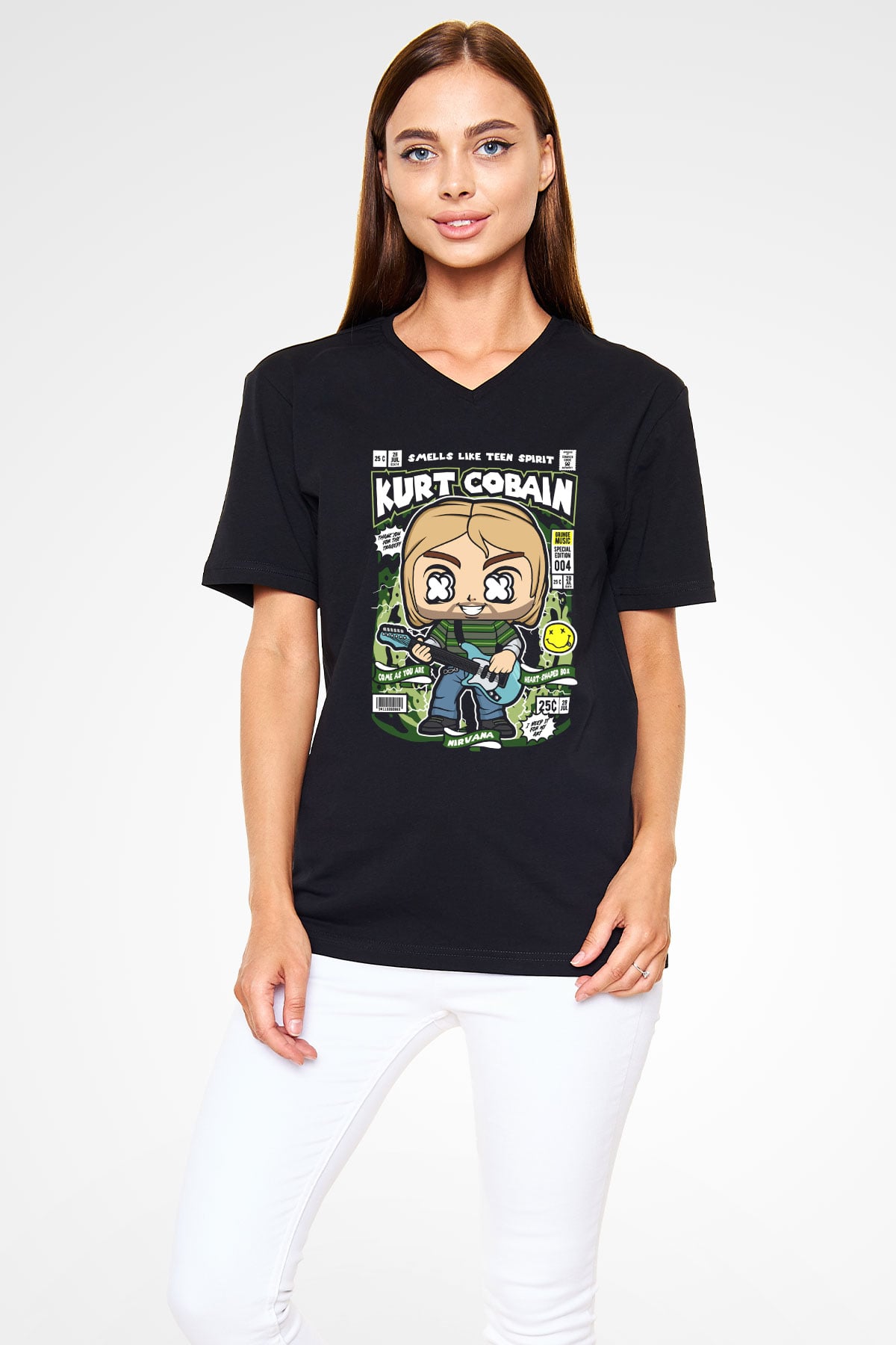 Kurt Cobain Baskılı Unisex Siyah V Yaka Tişört