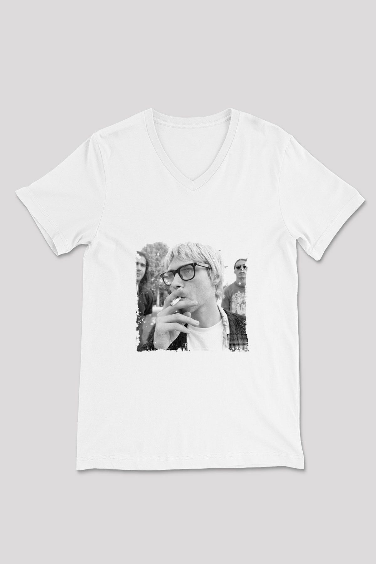 Kurt Cobain Baskılı V Yaka Unisex Beyaz Tişört