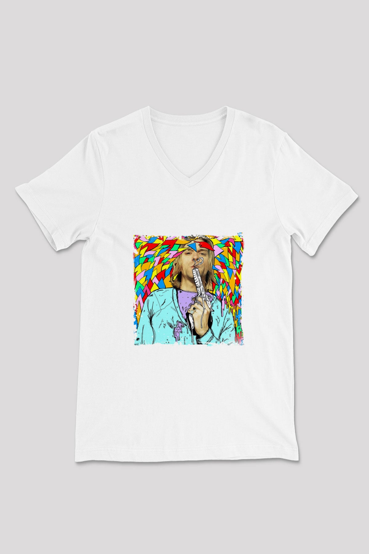 Kurt Cobain Baskılı V Yaka Unisex Beyaz Tişört