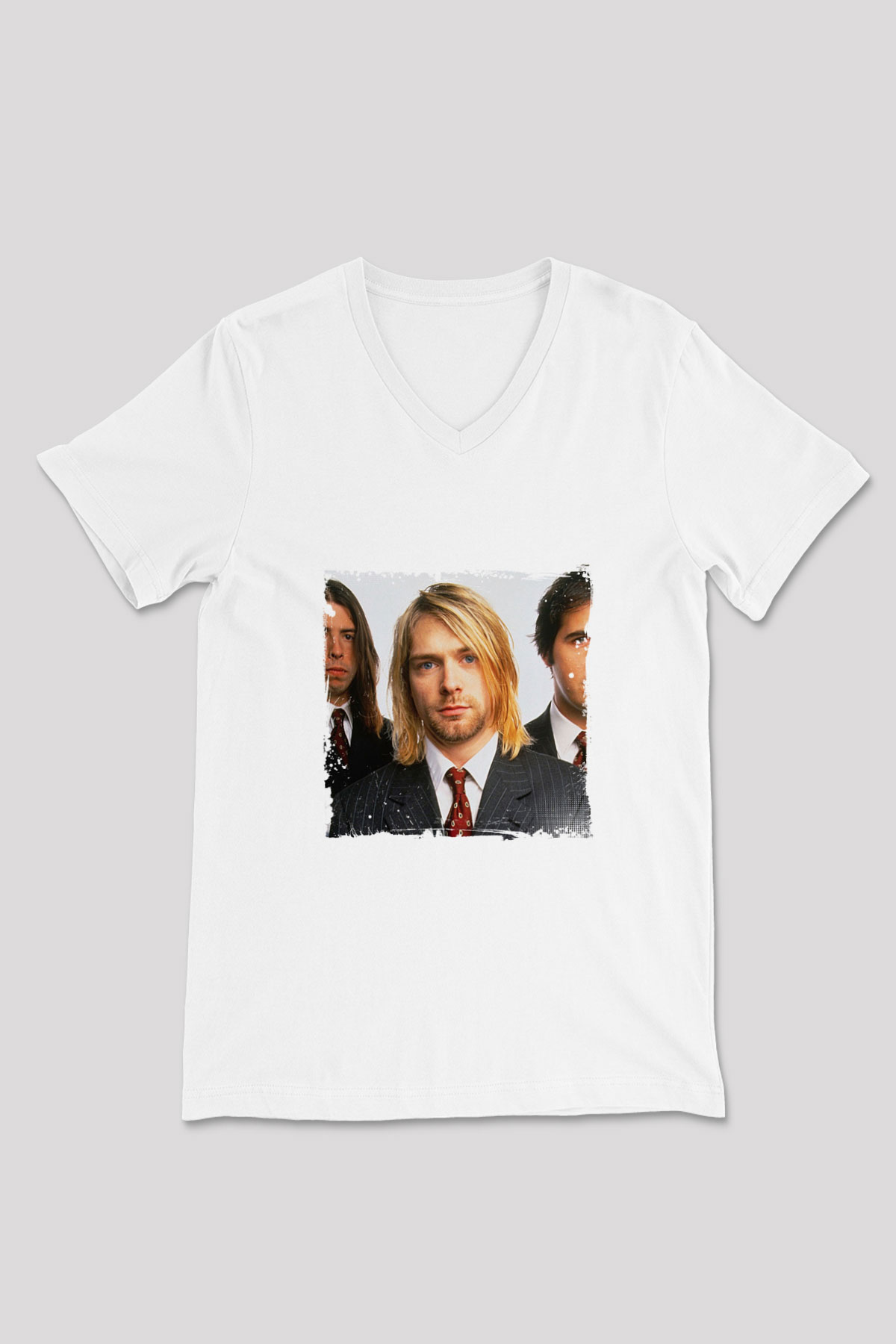 Kurt Cobain Baskılı V Yaka Unisex Beyaz Tişört