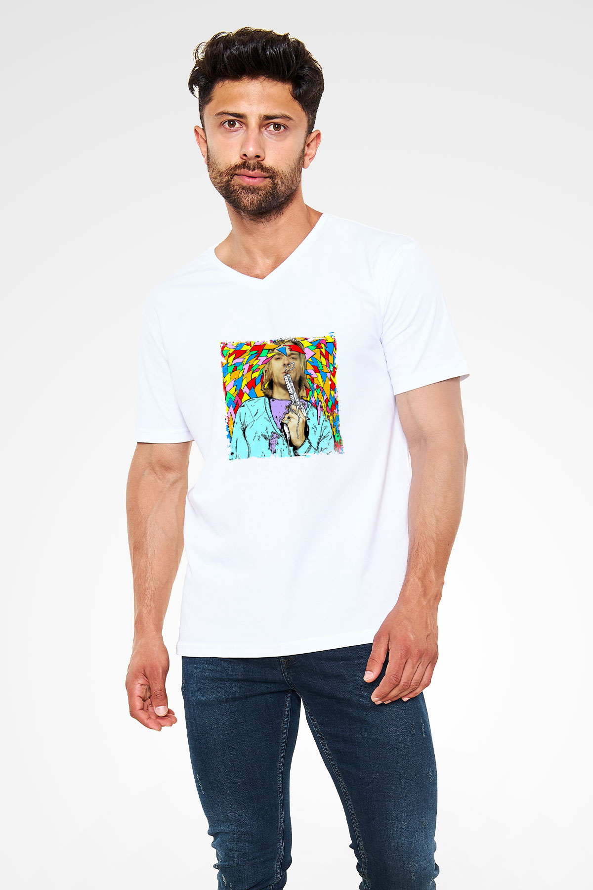 Kurt Cobain Baskılı V Yaka Unisex Beyaz Tişört