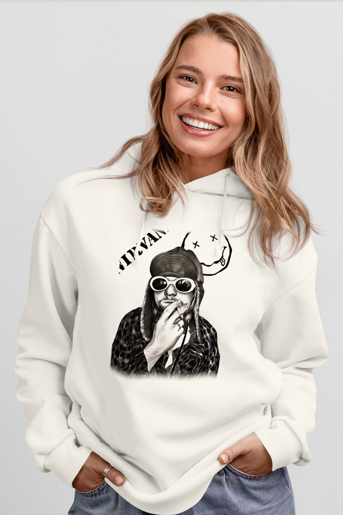 Kurt Cobain Beyaz Unisex Kapşonlu Sweatshirt