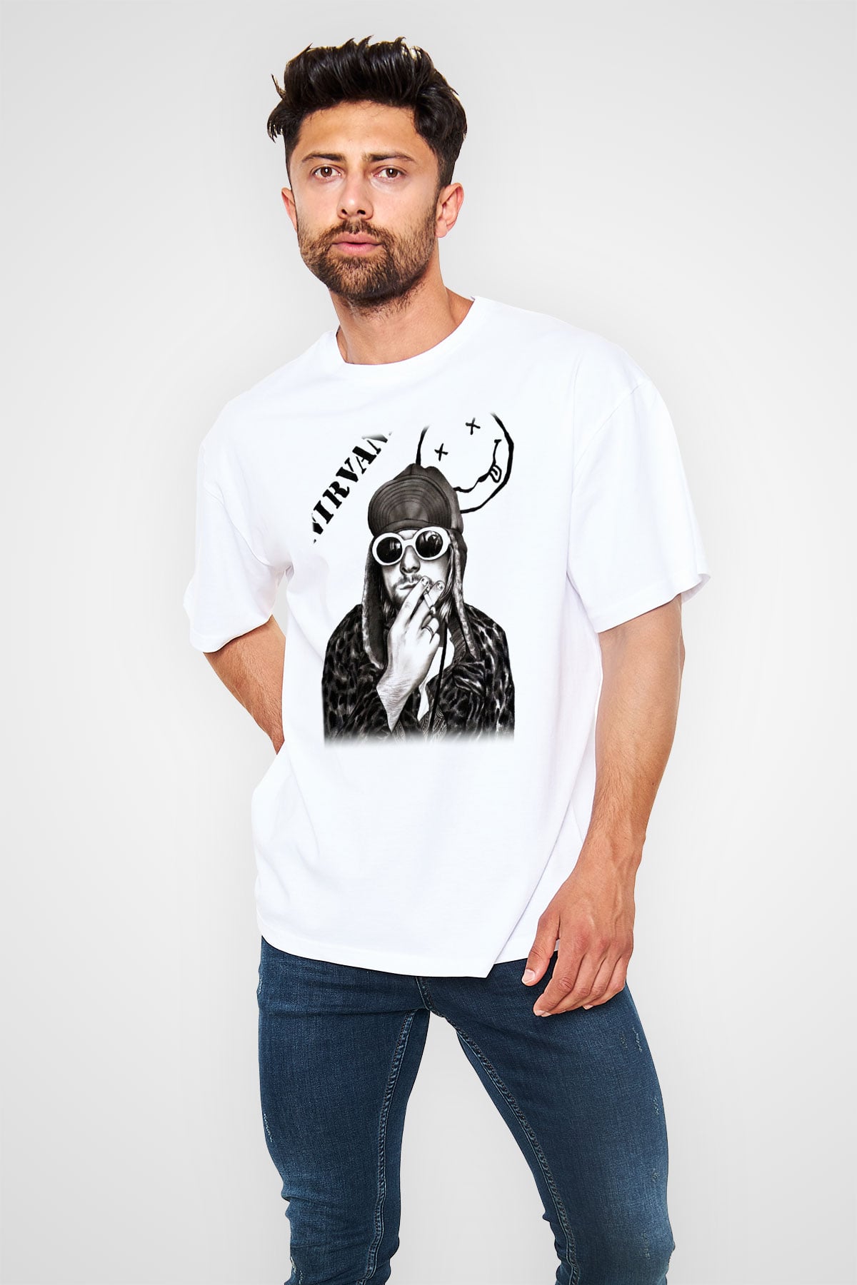 Kurt Cobain Beyaz Unisex Oversize Tişört T-Shirt