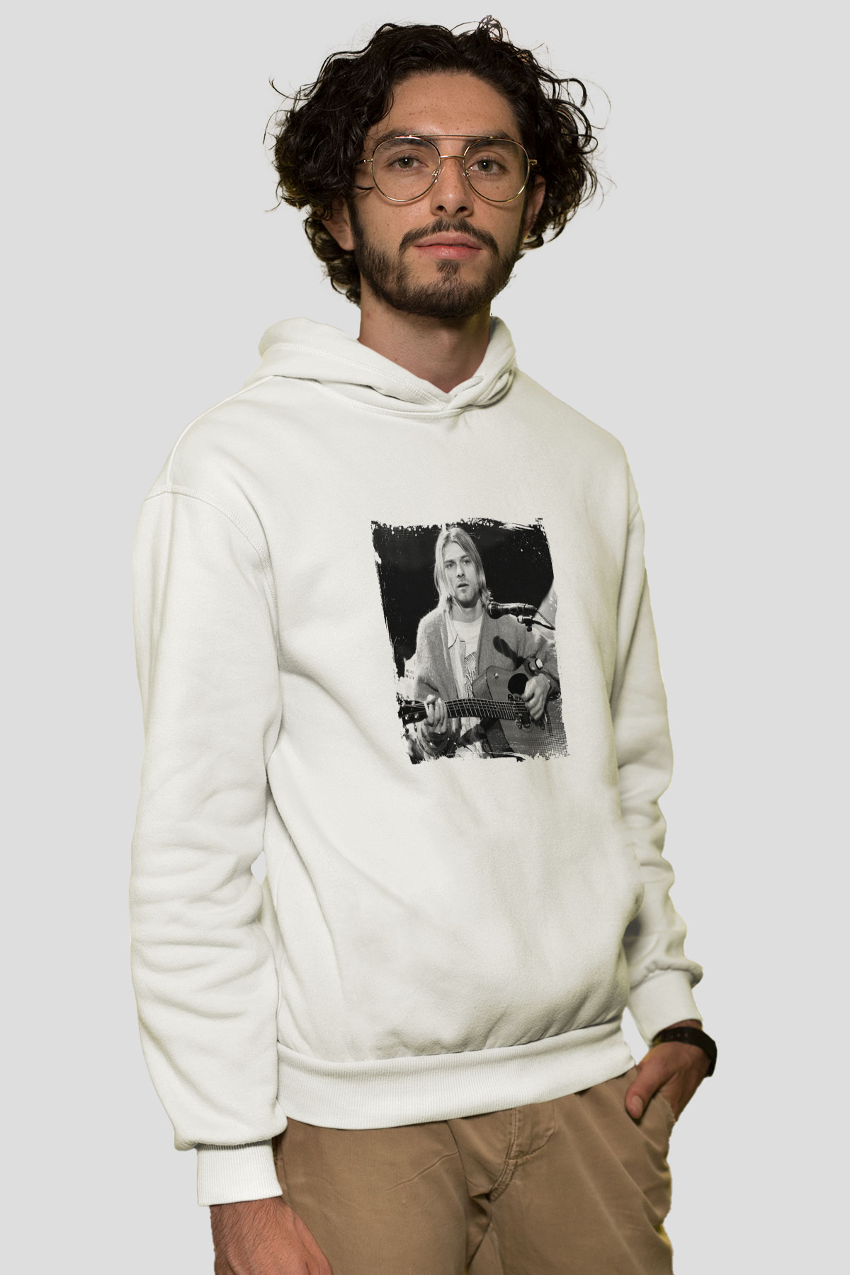 Kurt Cobain Unisex Baskılı Beyaz Kapüşonlu Sweatshirt